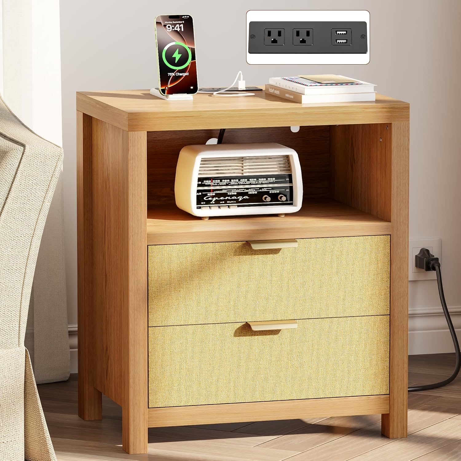 Furnulem Rattan Nightstand with Charging Station – 2-Drawer Boho Bedside Table