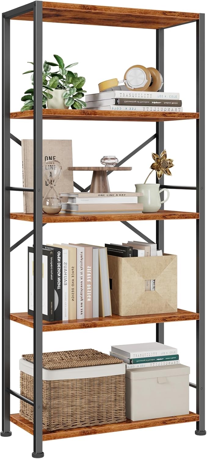 Qwatto Brown 5 Tier Tall Wide Bookshelf Wood Metal Industrial Open Display Shelving Unit Freestanding Etagere Bookcase Storage Organizer Living Room