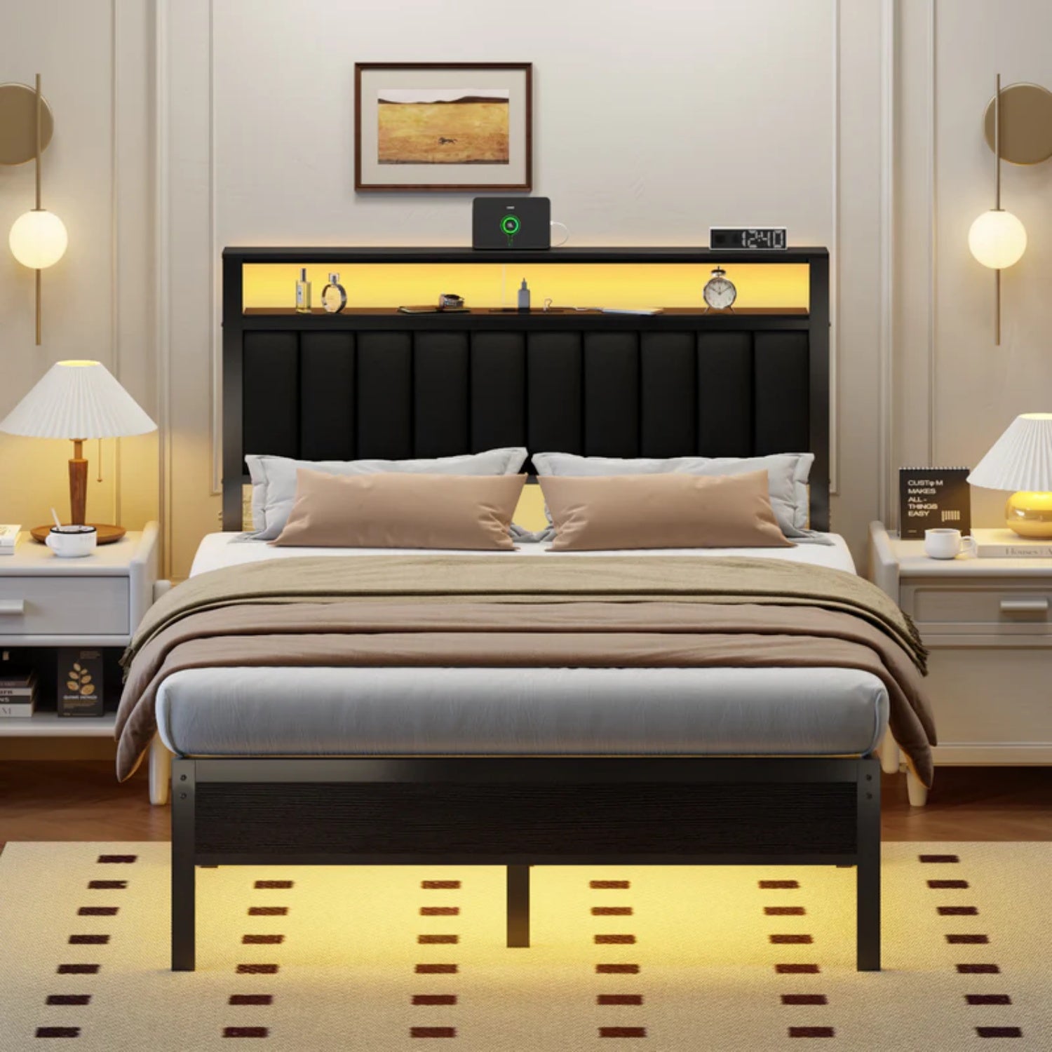 Furnulem Bed Frame with Charging Station, LED Lights & Storage Shelves – Metal Slats, No Box Spring