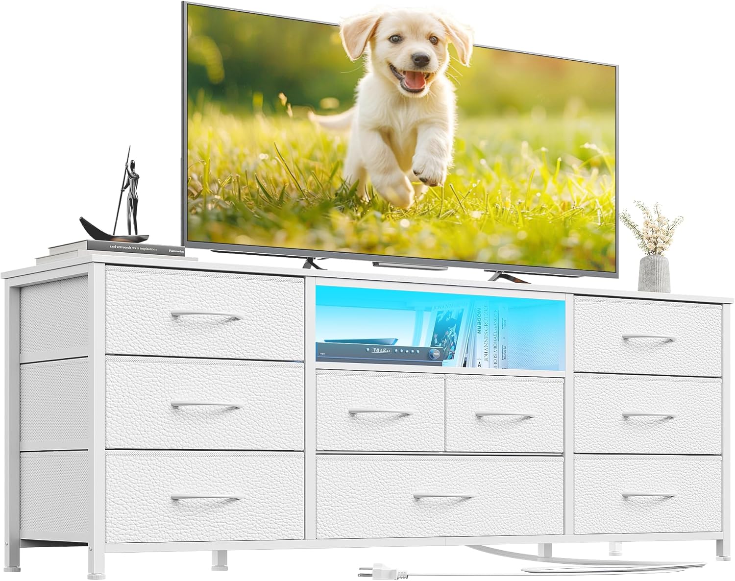 Furnulem 9 Drawer Dresser 55” Long TV Stand for Bedroom Entertainment Center with Power Outlet & LED Light for 55"-65" TV with Fabric Storage Drawers