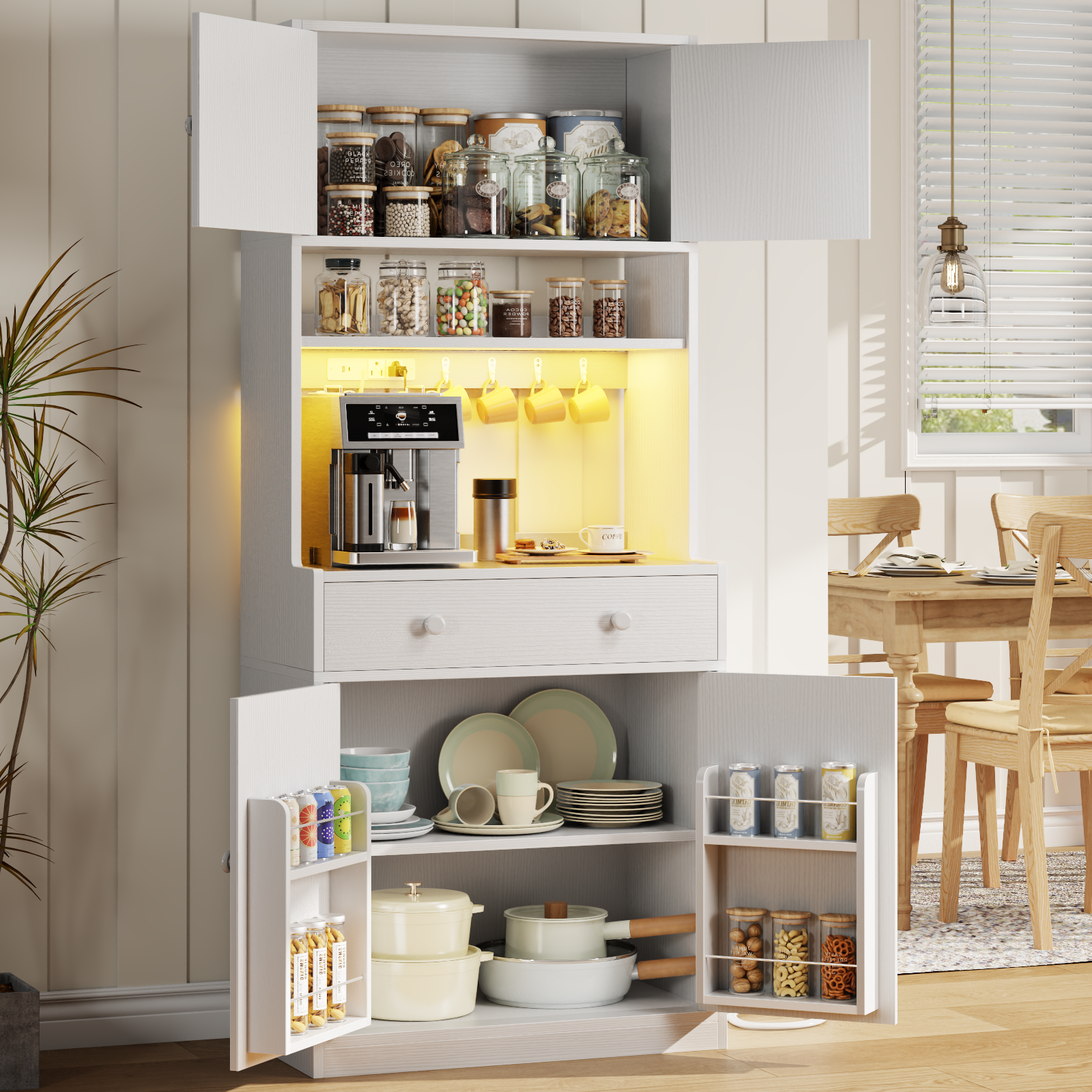 71 Inch Tall White Farmhouse Kitchen Pantry Storage Cabinet Freestanding Microwave Stand with Hutch Doors Drawers for Dining Room Furniture Addition