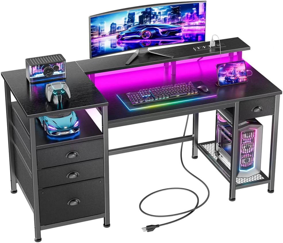 Qwatto 52in Gaming Desk Charging Station and Light Reversible Computer Desk 4 Drawers File Cabinet Printer Storage Shelves Monitor Stand Black Finish