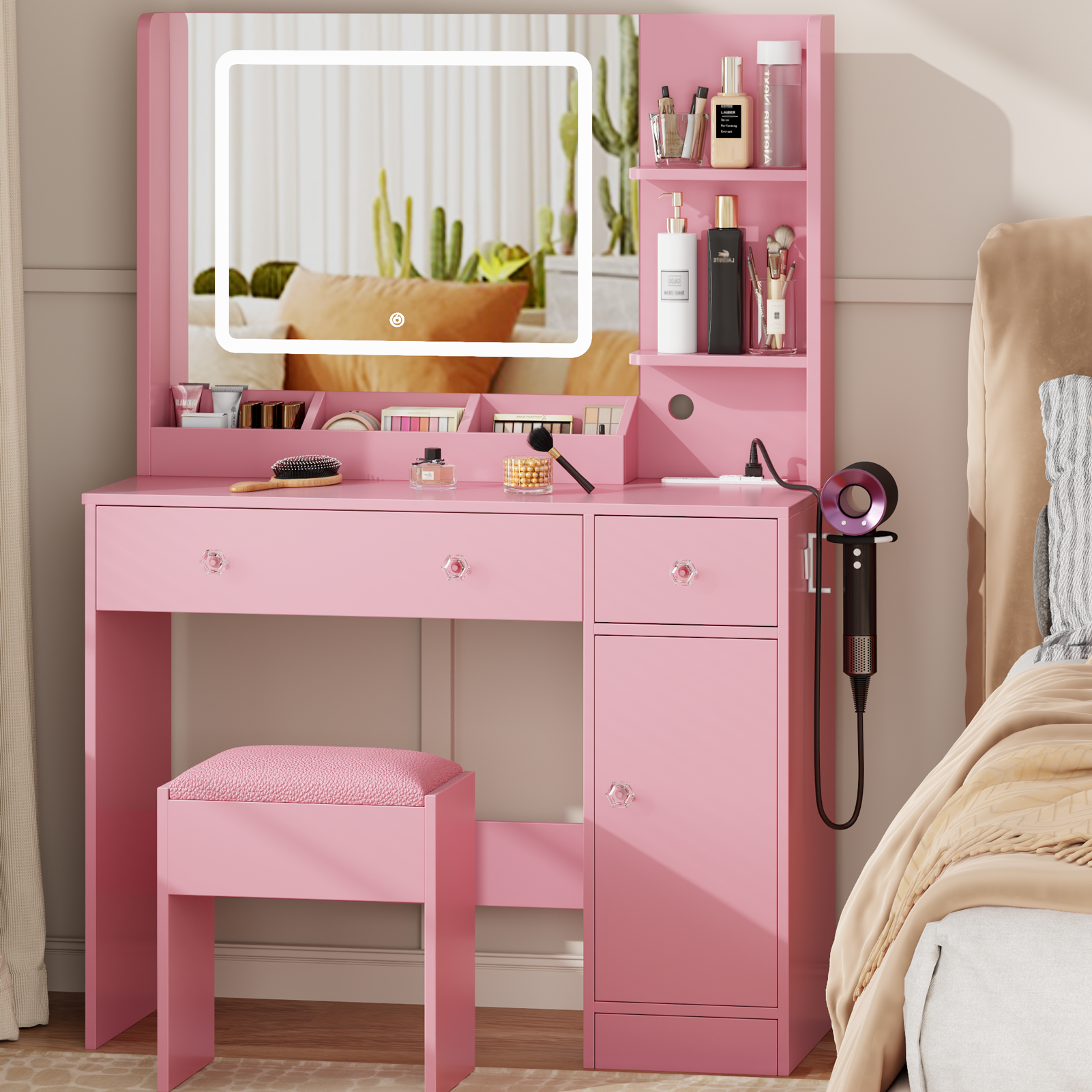 Pink Vanity Desk with Mirror and Lights Makeup Vanity Set with Stool and Power Outlet Dressing Table with Drawers Storage Shelves Lighted Mirror Desk