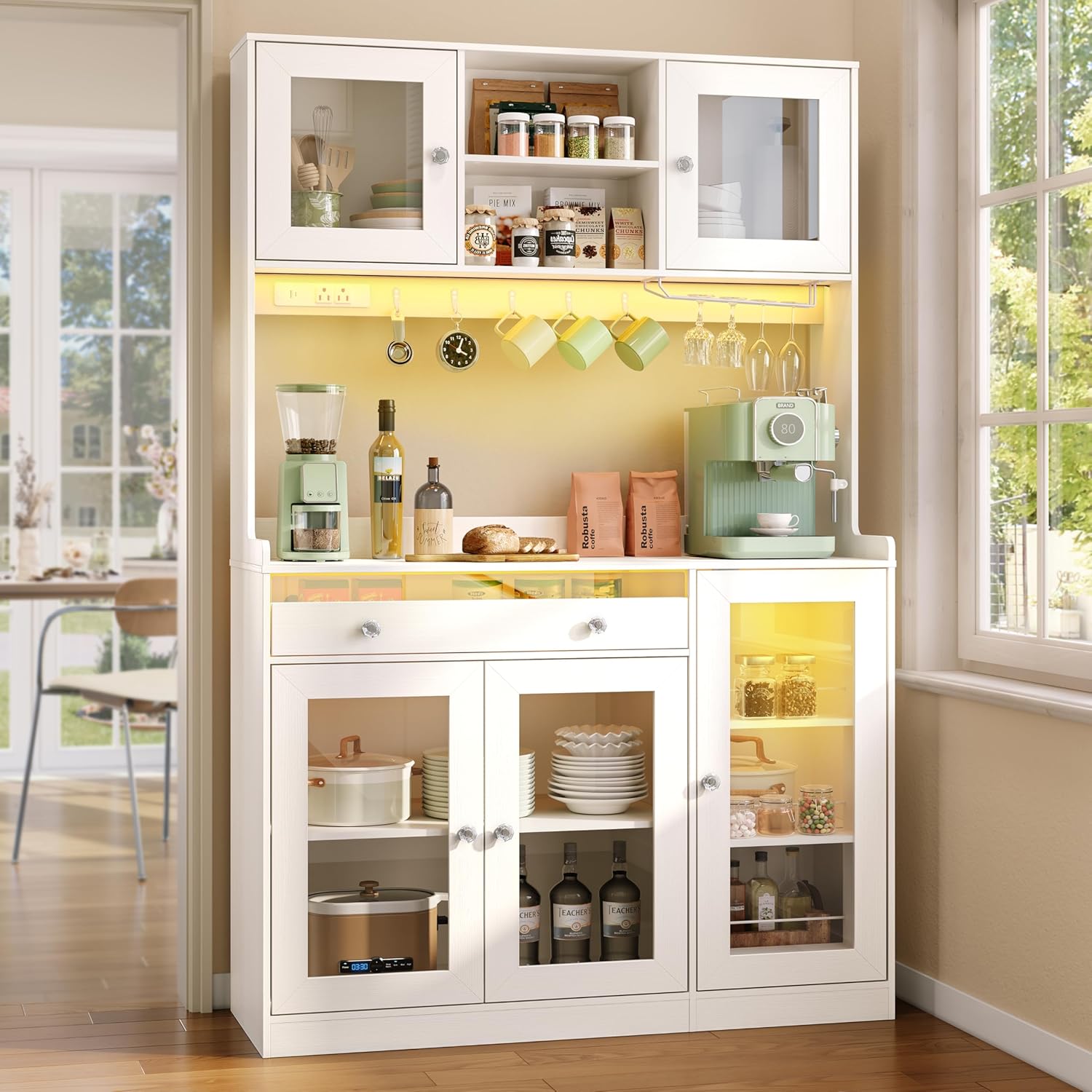 Qwatto 71"Kitchen Pantry Cabinet with Charging Station and LED Lights Tall Freestanding Kitchen Hutch with storage Rack Microwave Stand White Cabinet