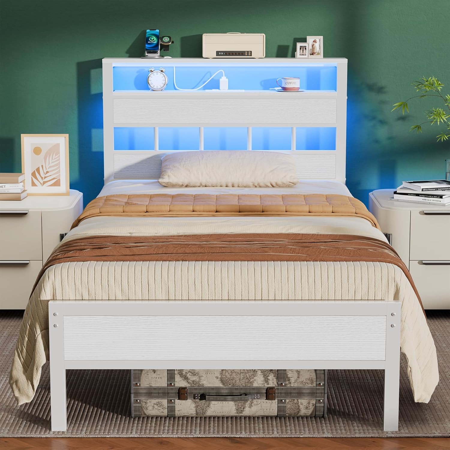 Furnulem Twin Bed Frame with LED Lights & Charging Station, Wood Headboard with Storage, No Box Spring Needed