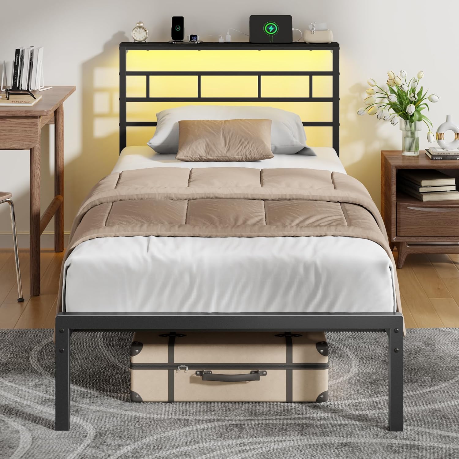 Twin Bed Frames with Built-in Charging Station and LED Light, Metal Platform Bed with Headboard and Storage Shelf Noise-Free