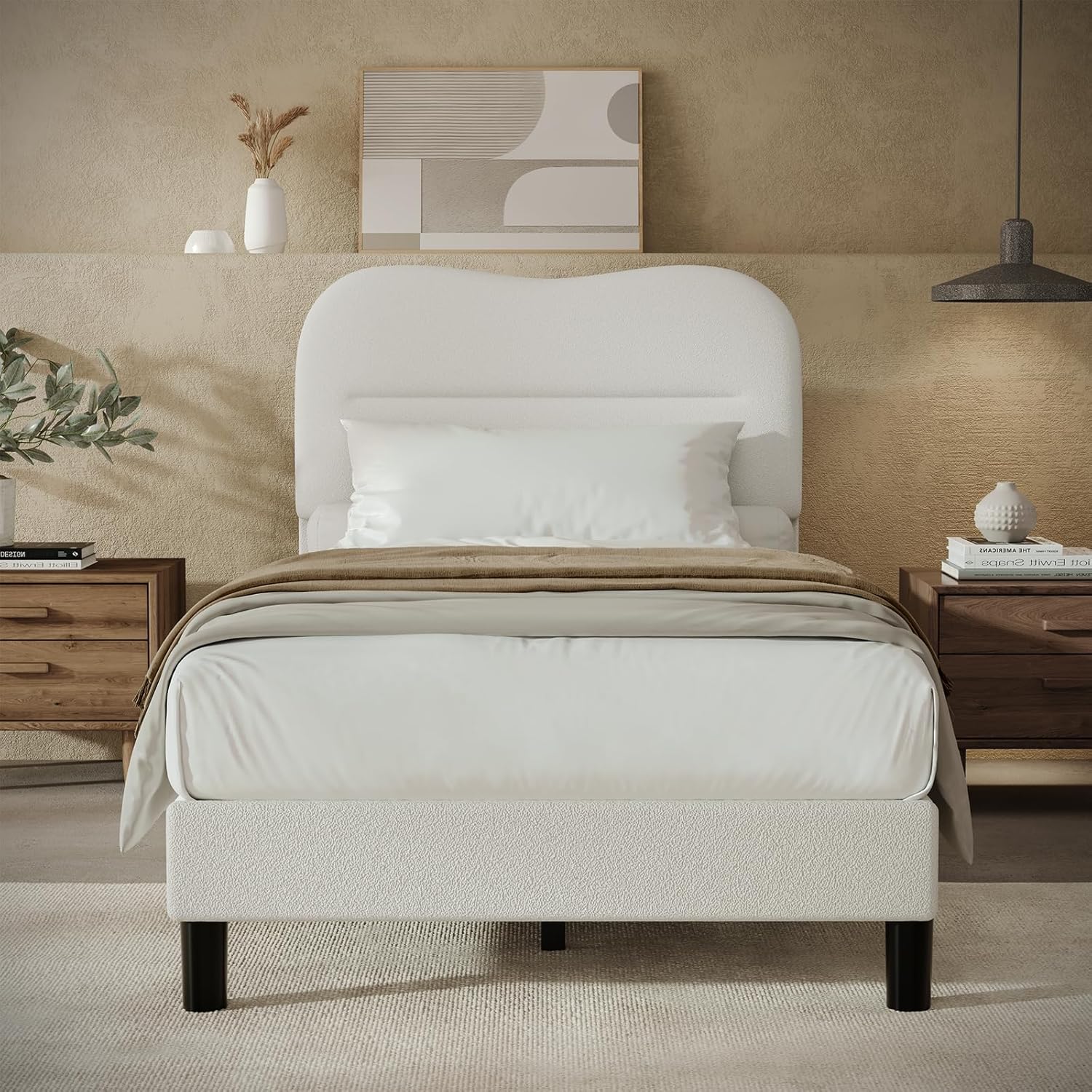 Twin Bed Frames with Headboard Upholstered Bed Frame Soft Boucle Fabric Twin Size bedframes Soft Cloud Marshmallow Shape Upholstered Headboard