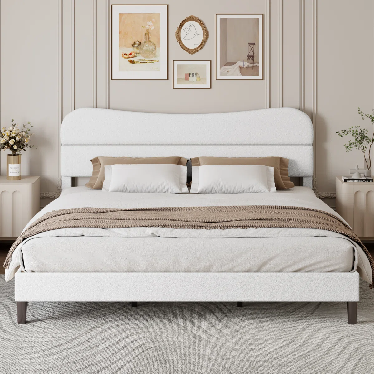 King Size Bed Frame With Teddy Velvet Soft Curved Headboard Platform Bed With Wooden Slats Support Easy Assembly Noise-free