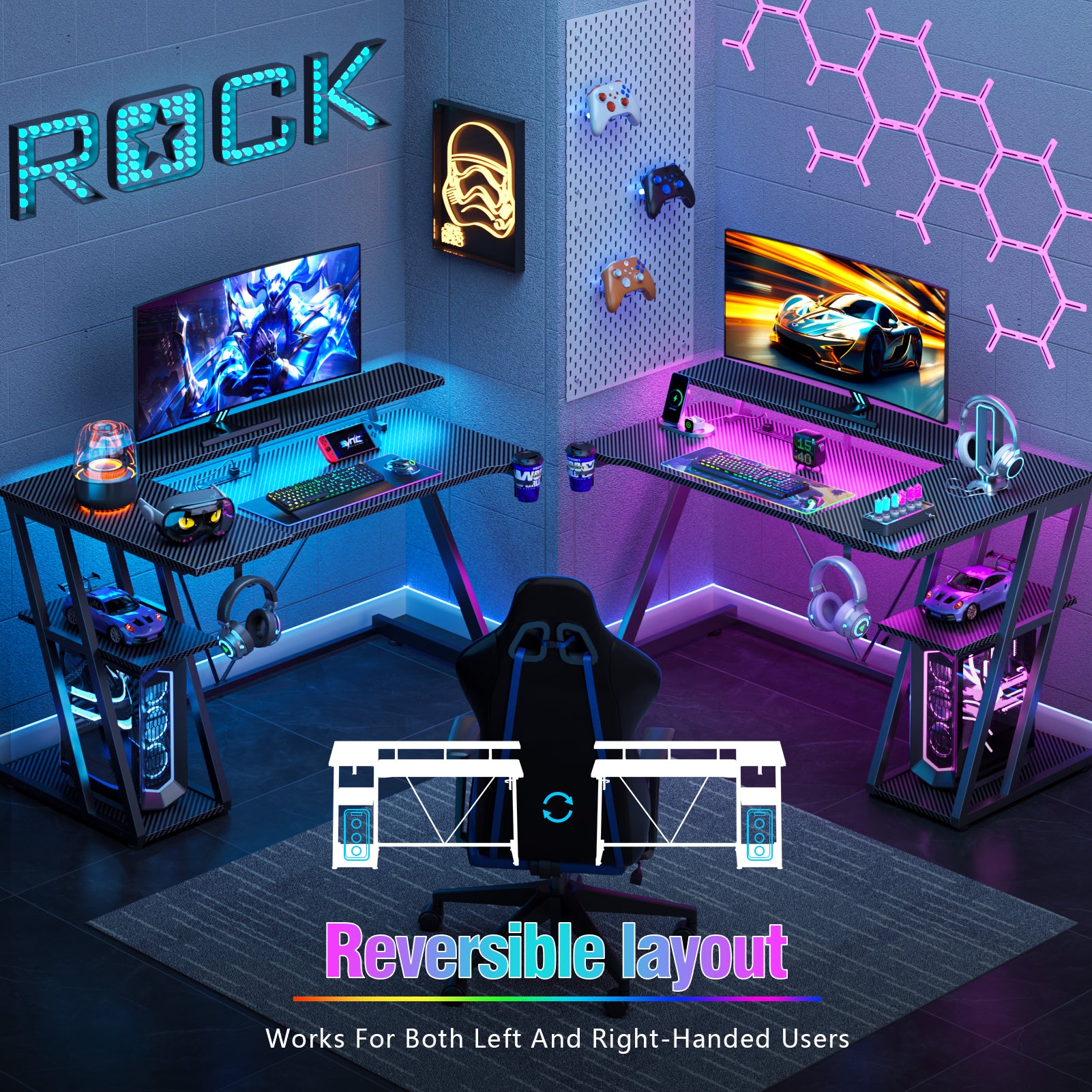 47 inch Black Gaming Desk L Shaped Corner Computer Table with Monitor Stand 3 Tier Storage Shelves Gamer Desk Office Space Saving Workstation for PC