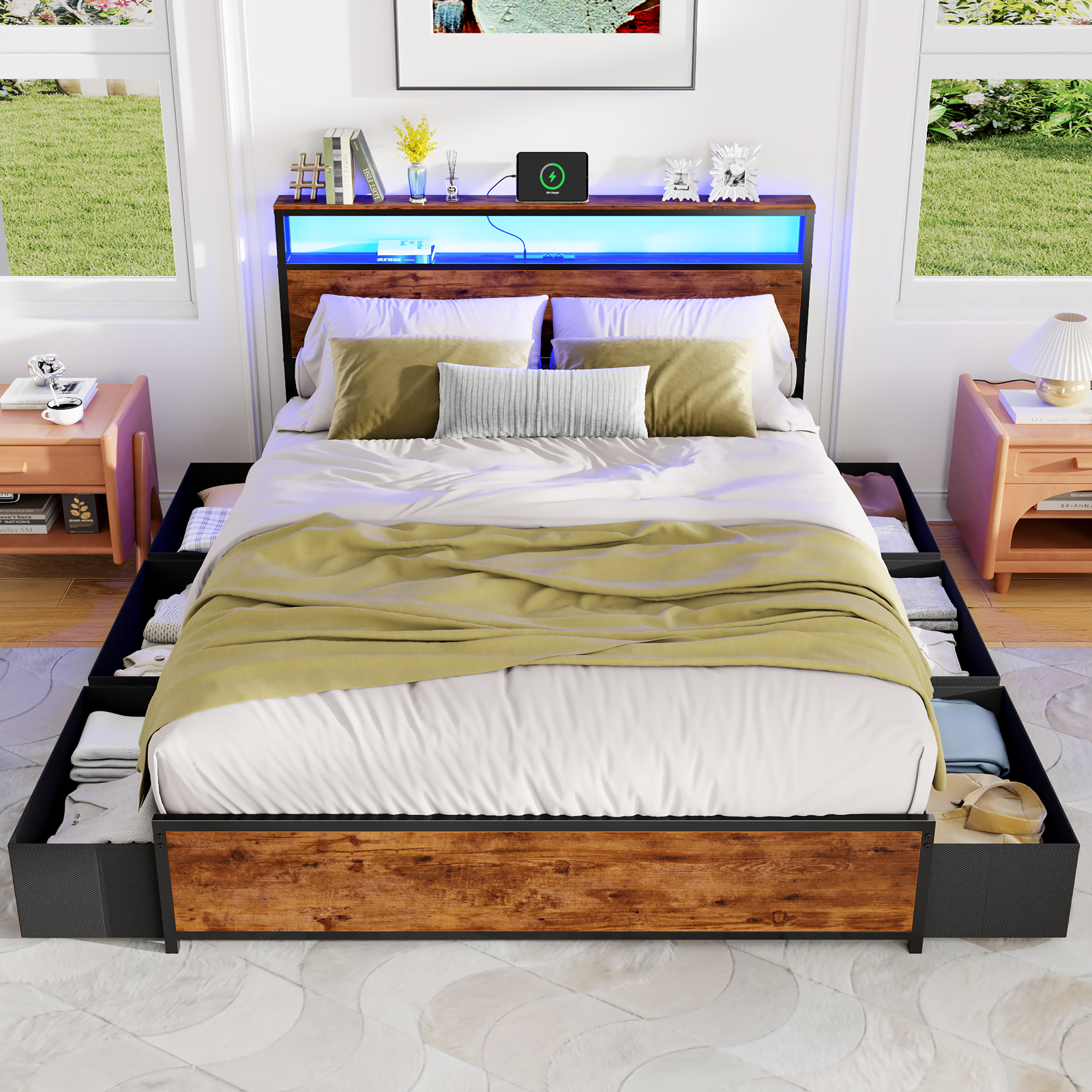 Queen Bed Frame with 6 Storage Drawers Metal Platform Bed Frame with 2-Tier Storage Headboard LED Built in Charging Station No Box Spring Needed