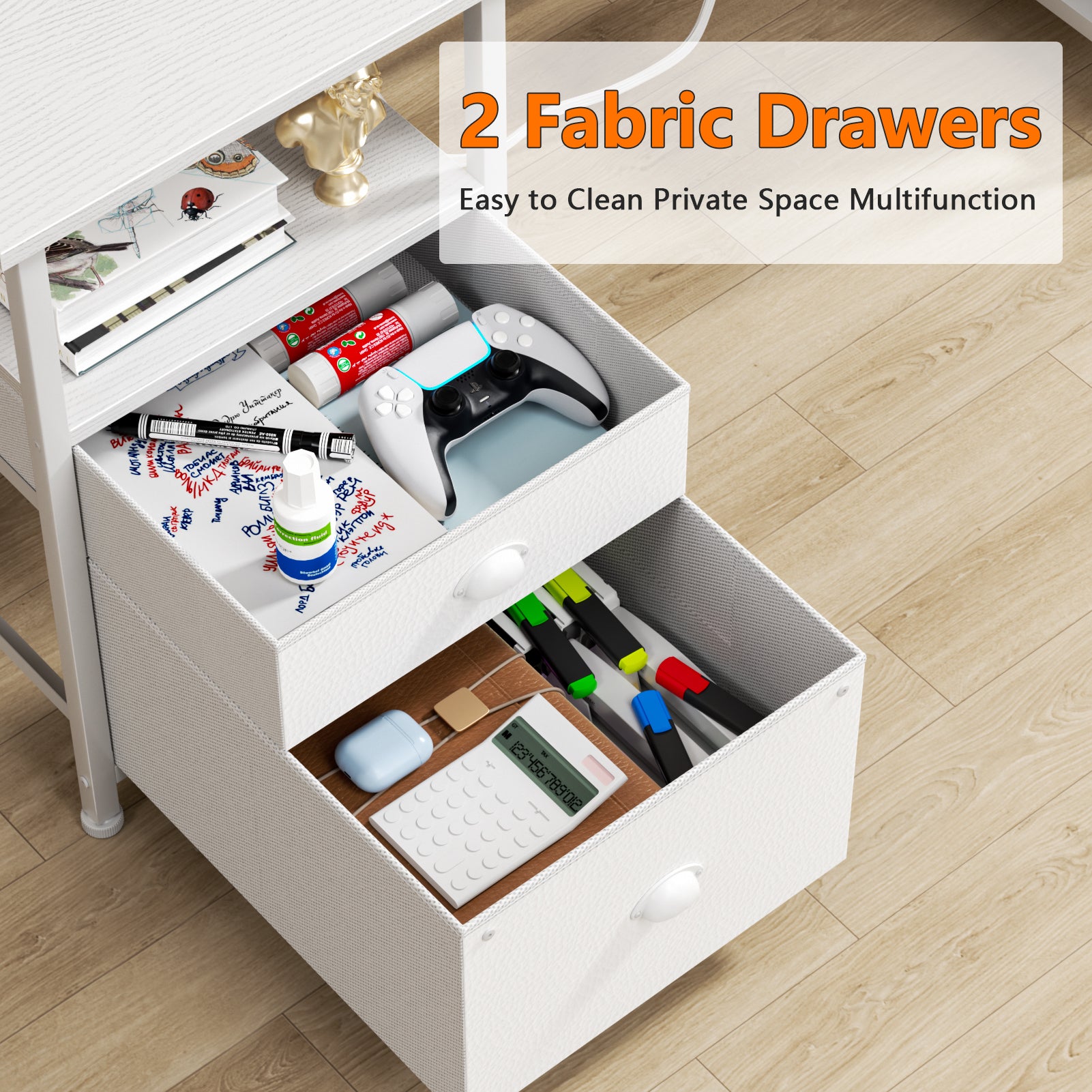 47 Inch White Computer Desk with Charging Station File Cabinet Home Office Gaming Desk 2 Monitor Stands Storage Drawer Shelves Writing Table Bedroom