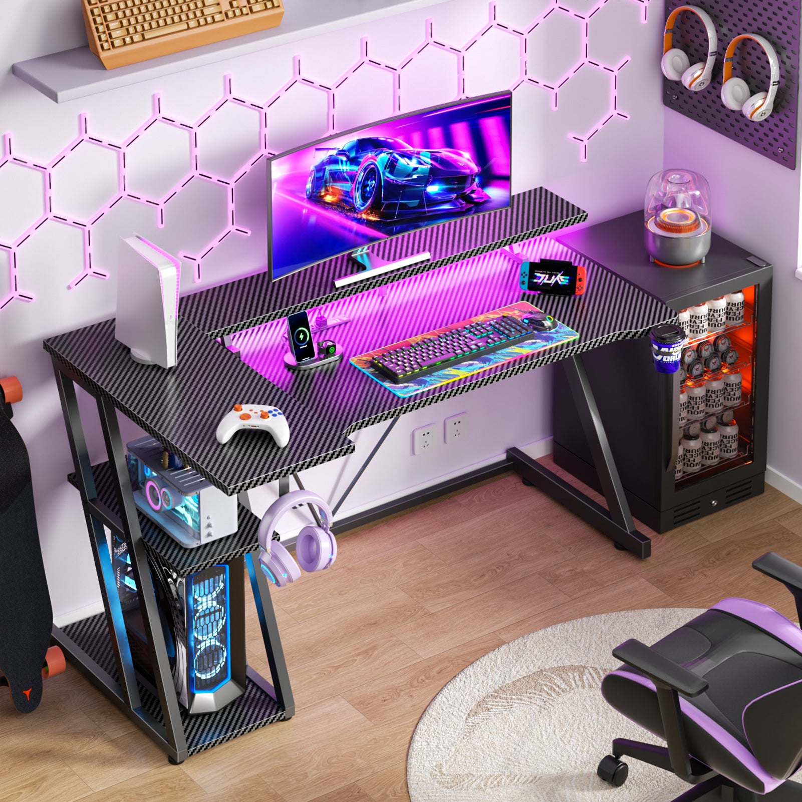 55 inch L Shaped Corner Gaming Desk Black Computer Table with Monitor Stand 3 Tier Storage Shelves Modern Gamer Desk Home Office PC Room Workstation