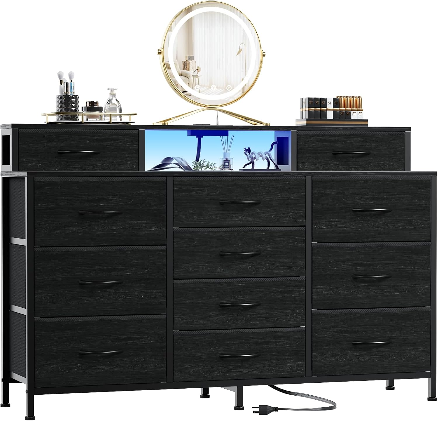 Furnulem 55" W Dresser for Bedroom with LED Lights and Power Outlets Black Large 12 Storage Drawers Long Fabric Chests Dressers with 2 Shelves