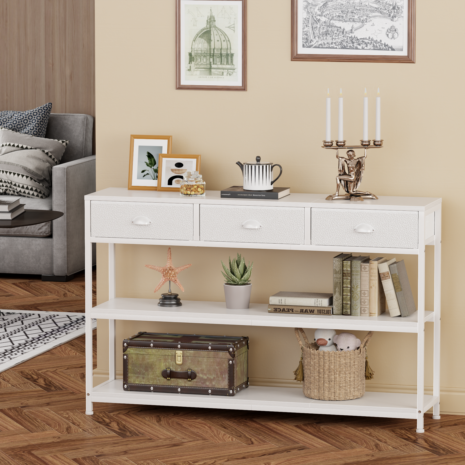 Qwatto Long 47 Inch White Entryway Table 3 Storage Drawers Three Tier Industrial Display Shelves Console Sofa Accent Table For Hallway Kitchen Foyer