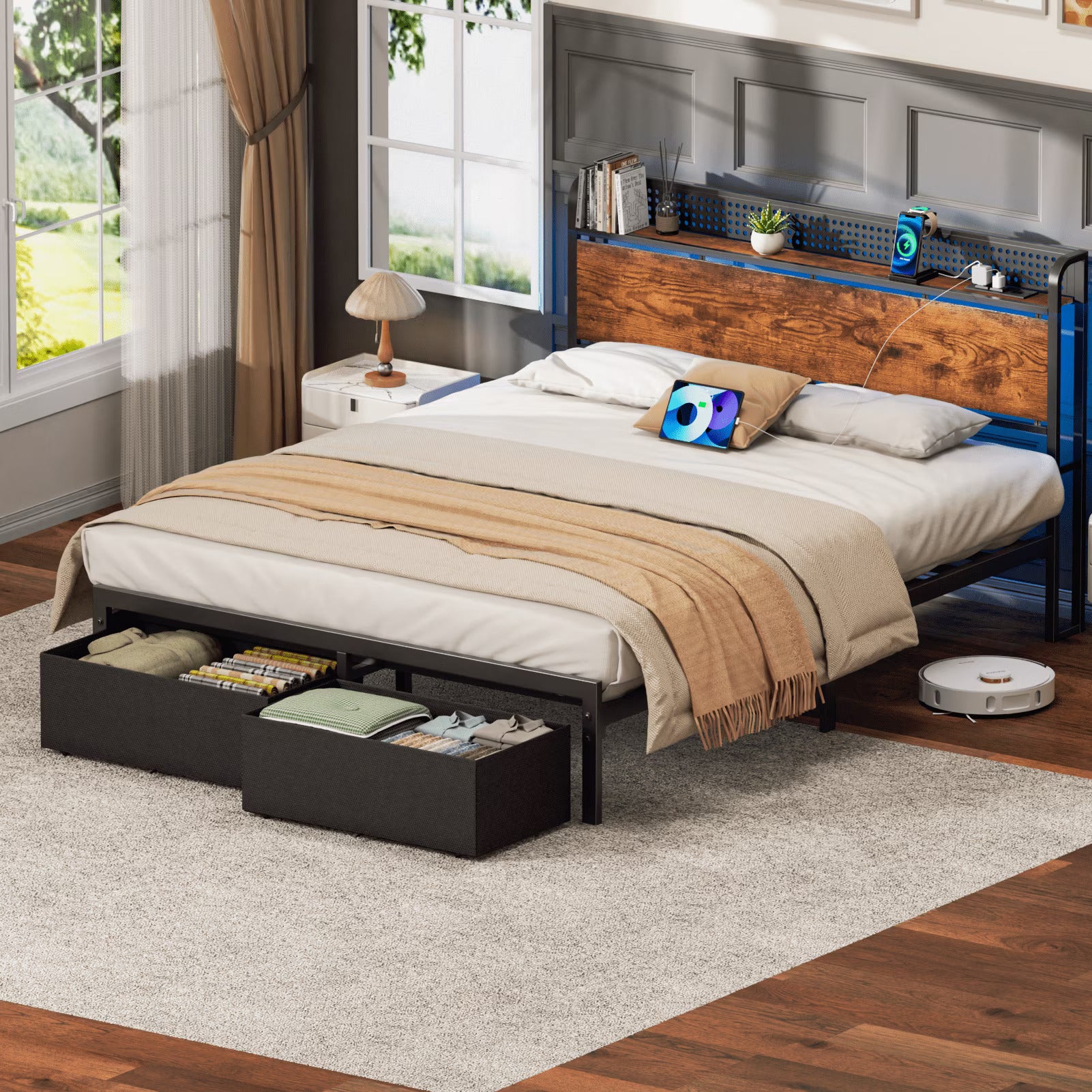 Bed Frame with 2 Drawers & Storage Headboard, Platform Metal Bed with Charging Station, No Box Spring Needed