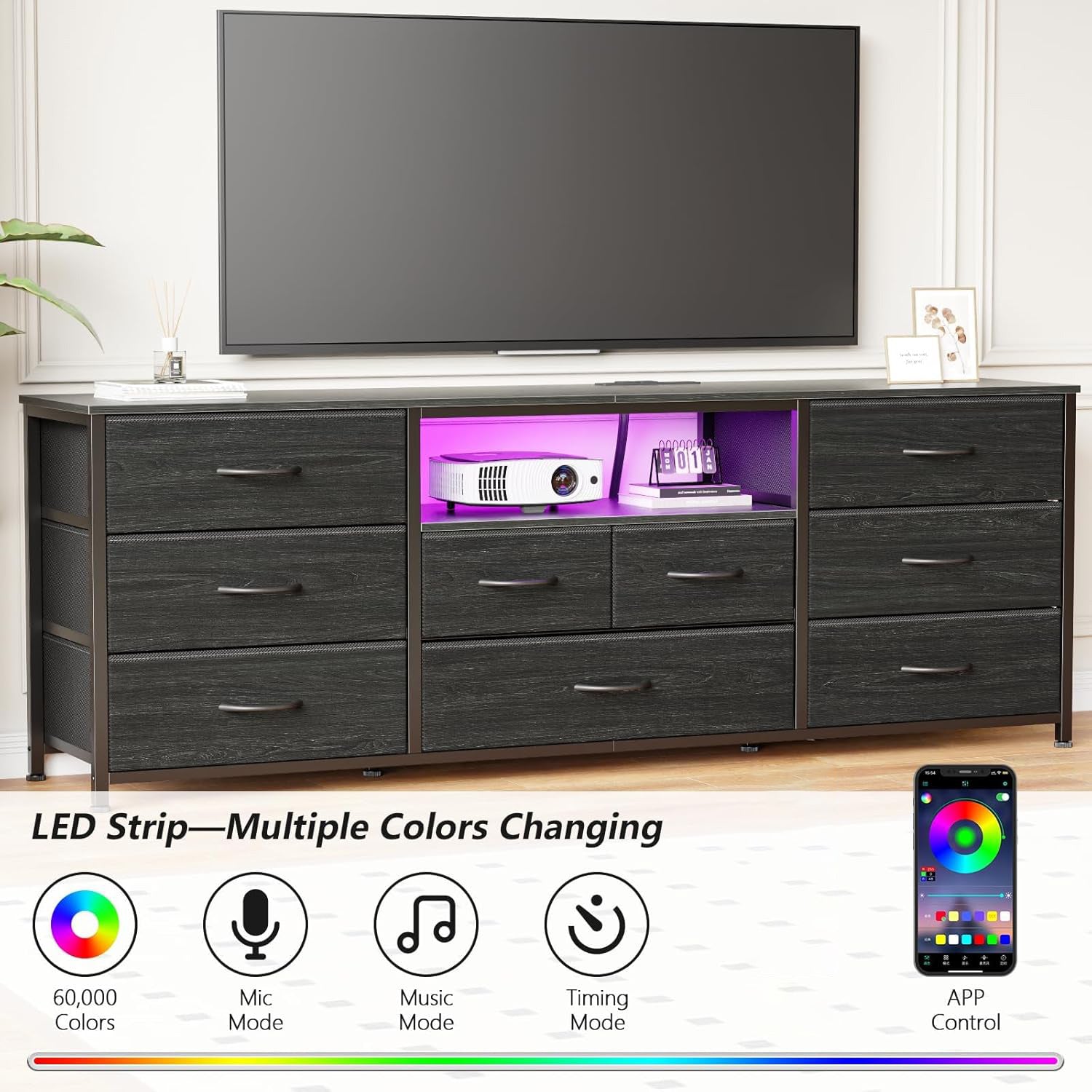 Furnulem 9 Drawer Dresser 63” Long TV Stand for Bedroom Center with Power Outlet & LED Light for 65"-75" TV Black Dresser with Fabric Storage