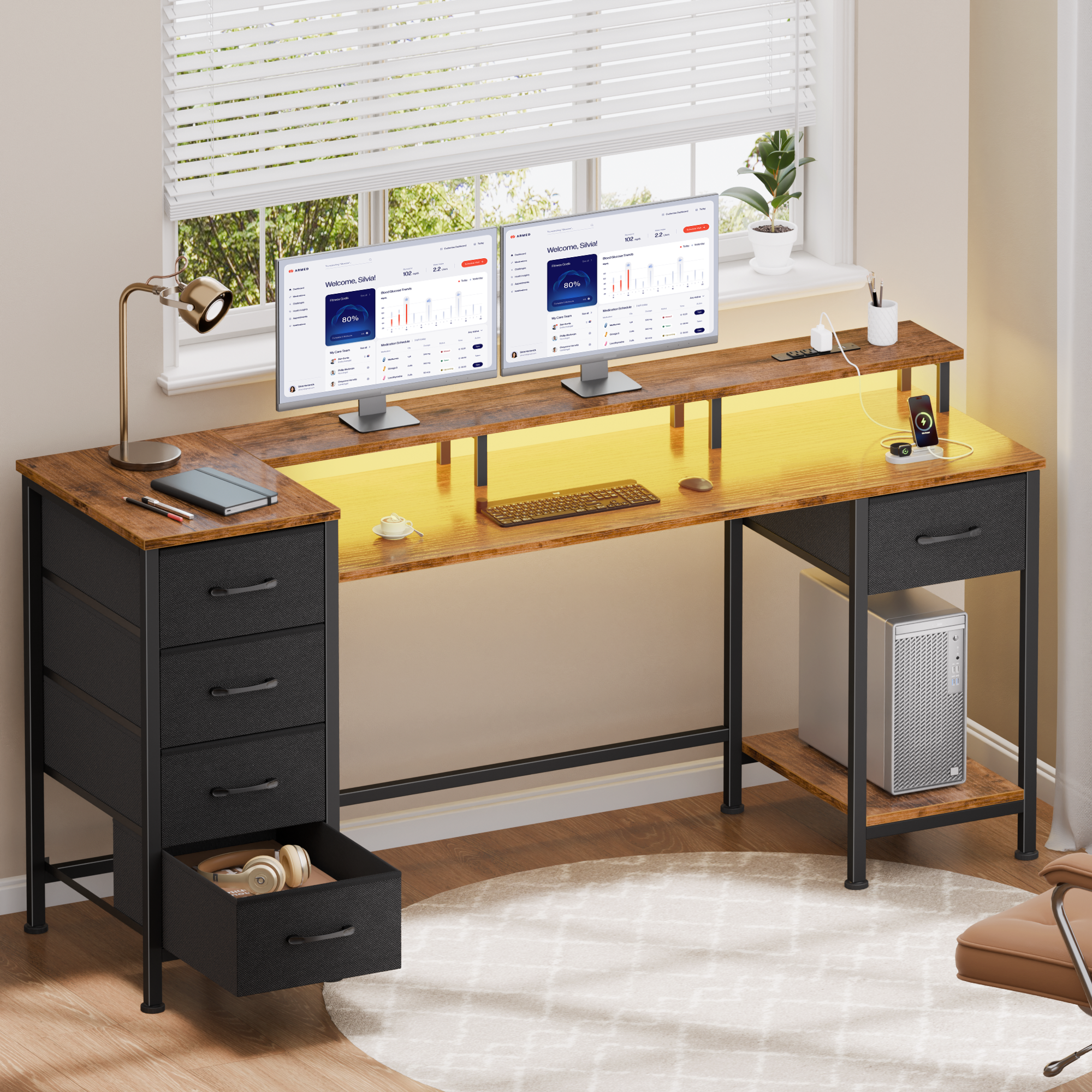 Qwatto 55 Inch Computer Desk with Charging Station Reversible Gaming Desk LED Lights Fabric Drawers Home Office Writing Table Bedroom Study Storage