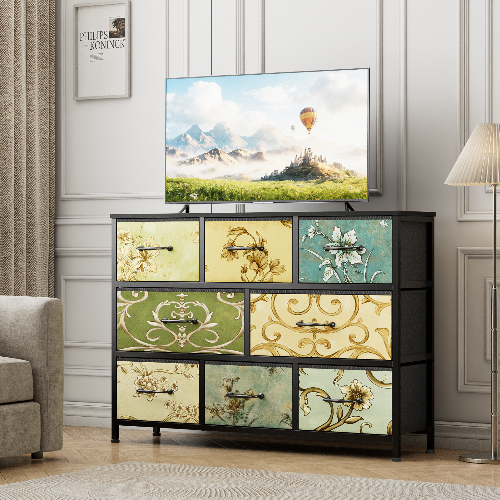 Fabric Dresser for Bedroom 8 Drawer Chest of Drawers Retro Flower Ideal for Adults Furniture for Bedroom Living Room Hallway