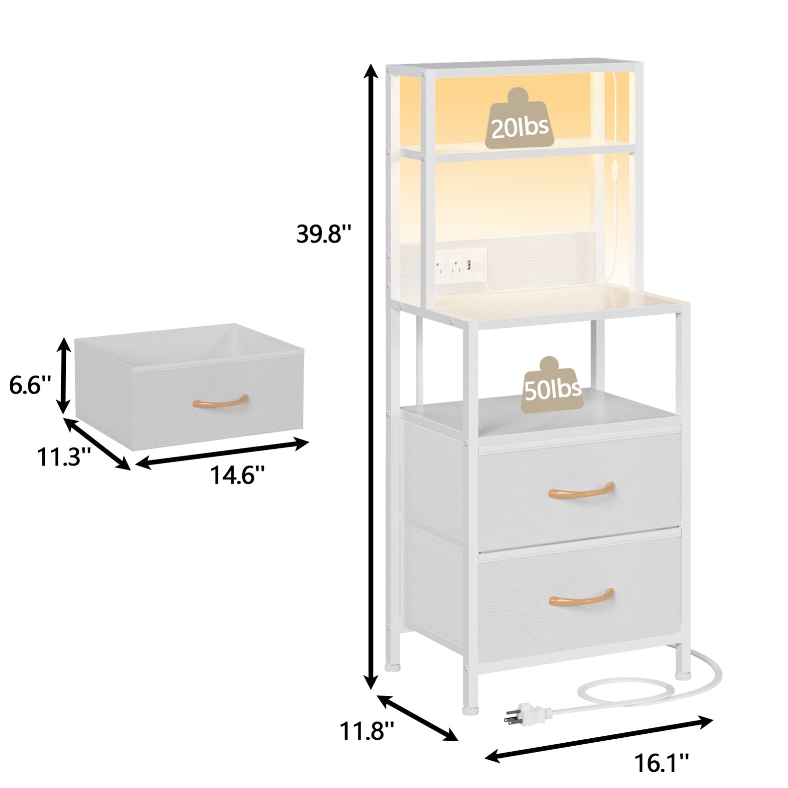Furnulem Night Stand, Tall Nightstand with 4-Tier Shelves, 2 Fabric Drawers and Light Tube, Bed Side Tables with Charging Station, Bedside Table for Bedroom, Office, Rustic Brown