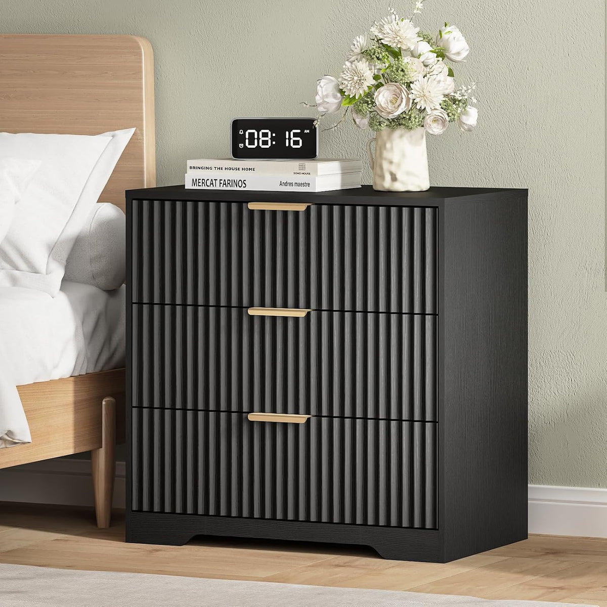 Black 3 Drawer Nightstand Fluted Wood Bedside Table Modern Storage Cabinet Wide Bedroom Dresser Accent Furniture Large 27 Inch Chest Organizer