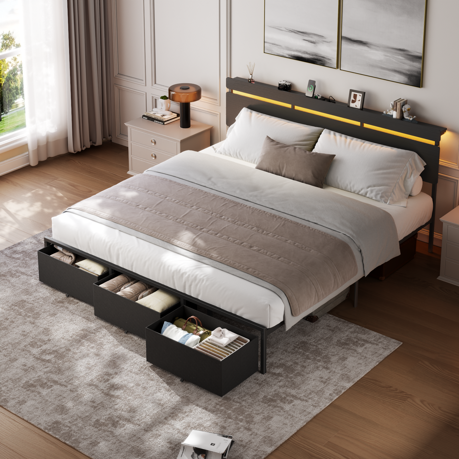 Qwatto King Size Platform Bed Frame 3 Storage Drawers LED Lights Charging Station Black Wood Headboard Shelf Heavy Duty Metal No Box Spring Needed