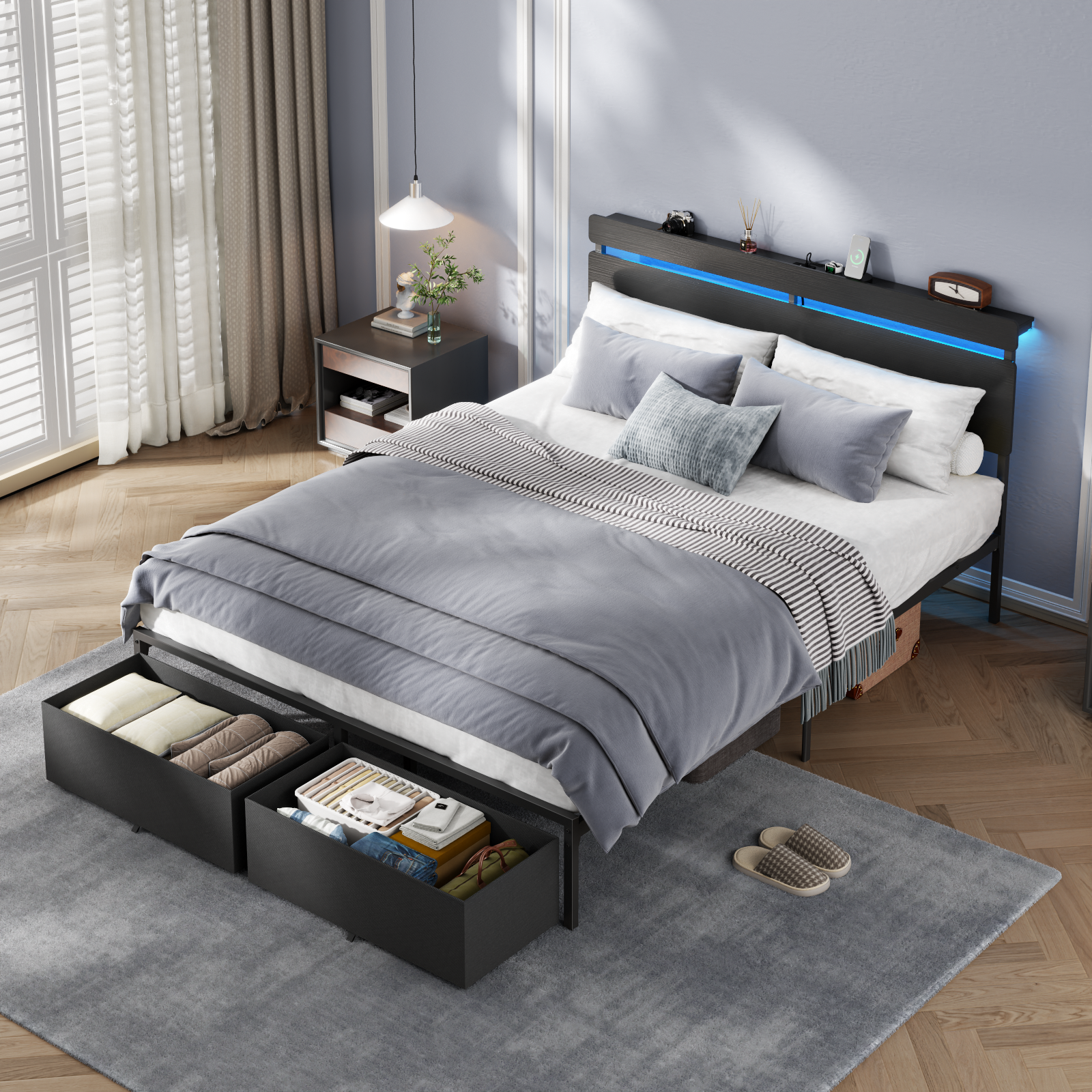 Queen Size Metal Platform Bed Frame Storage Headboard Shelf 2 Drawers LED Lights Charging Station Heavy Duty Wood Look No Box Spring Needed