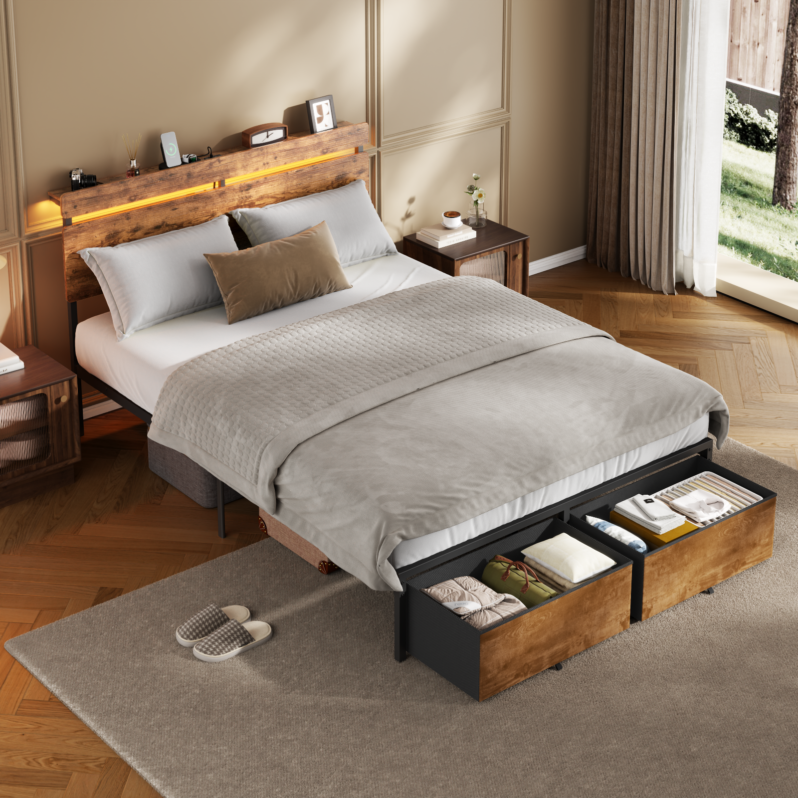Vintage Brown Full Bed Frame with LED Lights Charging Station Storage Headboard 2 Drawers Metal Platform Industrial Rustic Wood Look No Box Spring