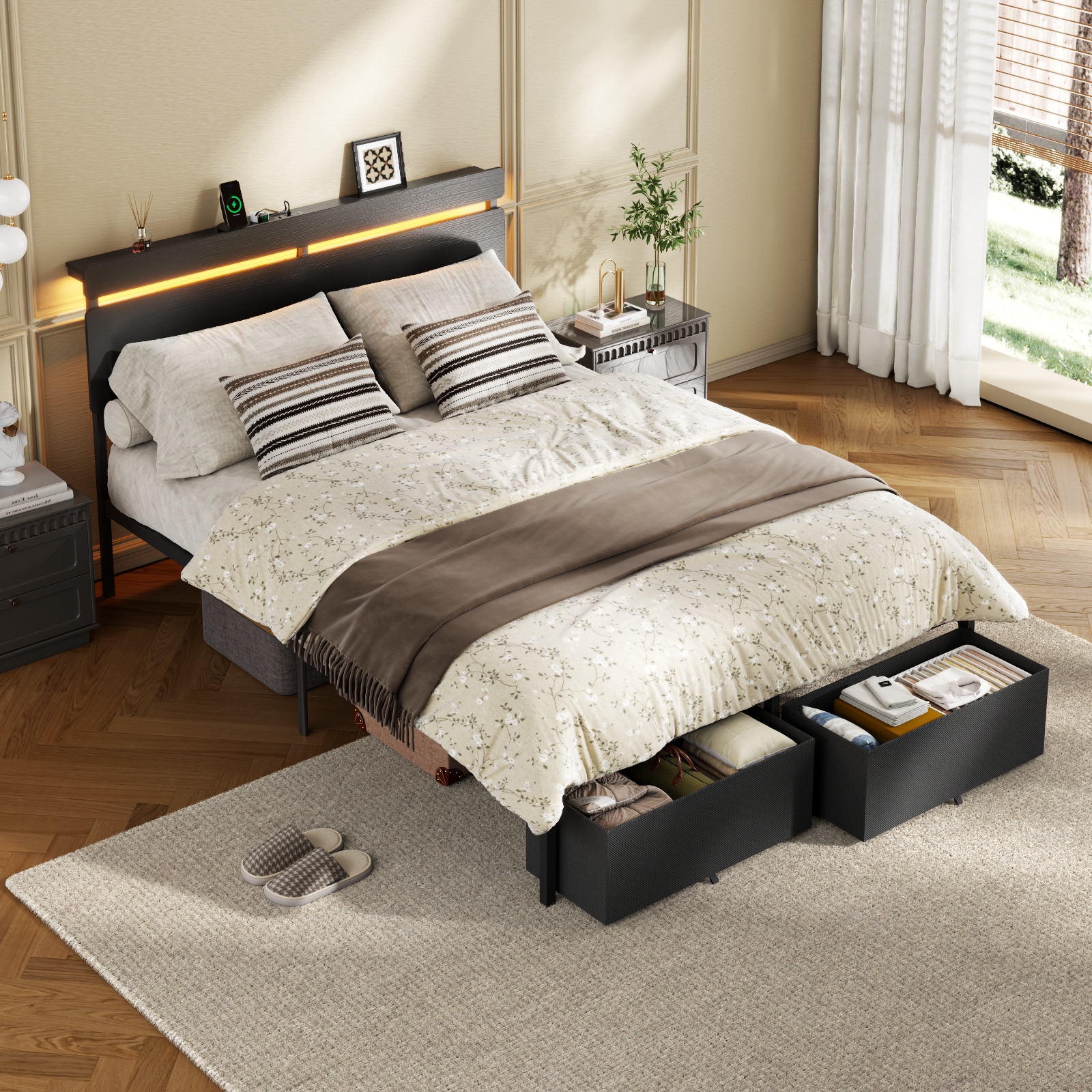 Full Size Bed Frame with Wood Headboard Black Platform Bed with 2 Storage Drawers Shelf Built in Charging Station LED Lights No Box Spring Needed