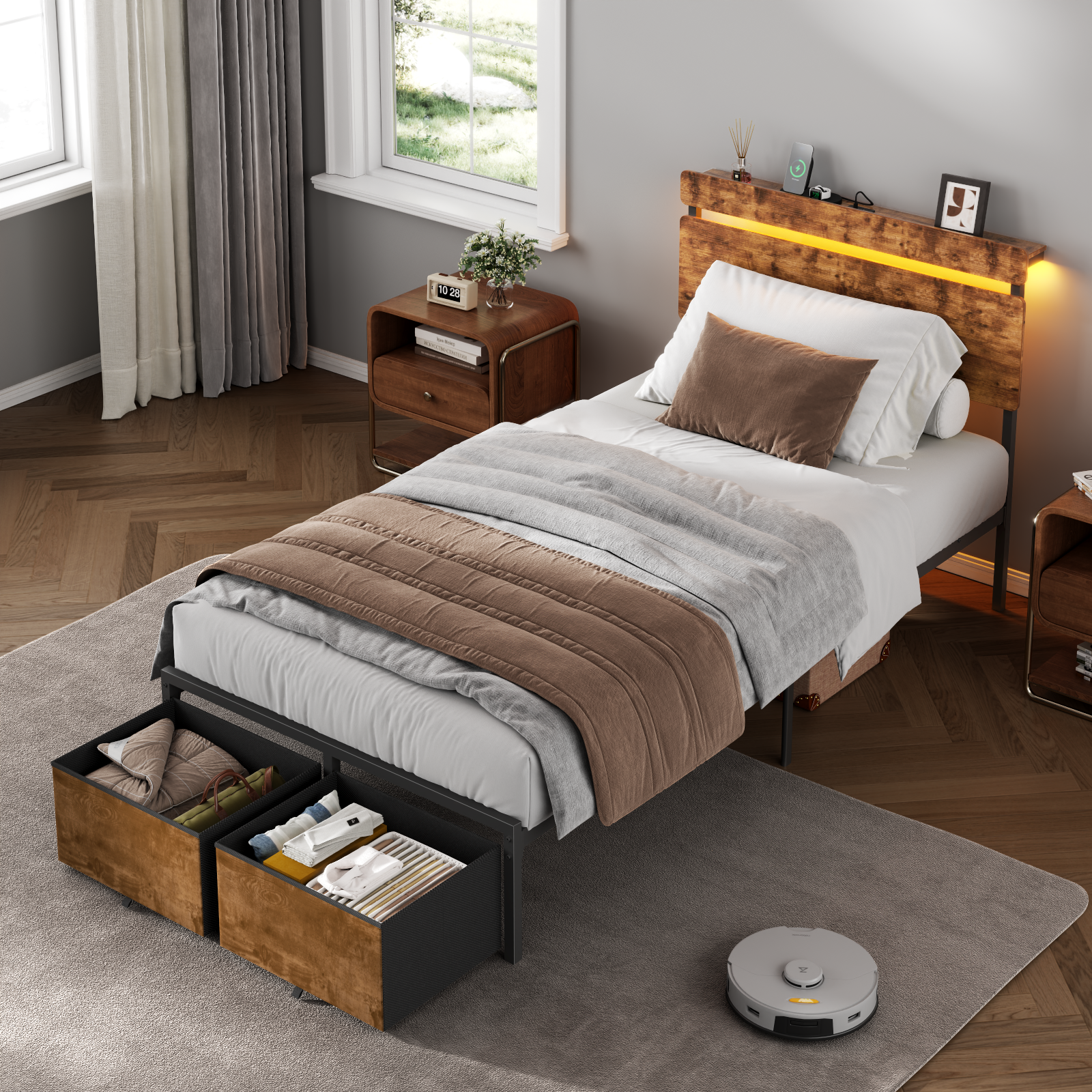 Twin Size Bed Frame with Wood Headboard Metal Platform Bed with 2 Storage Drawers Shelf Built in Charging Station LED Lights No Box Spring Needed