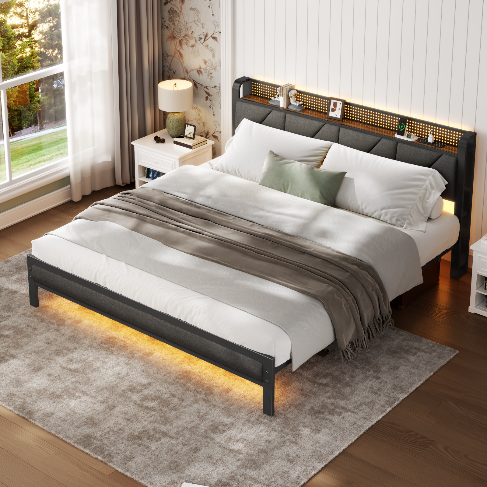 King Size Metal Platform Bed Frame Upholstered Headboard Footboard LED Lights Charging Station Heavy Duty Support No Box Spring Needed USB