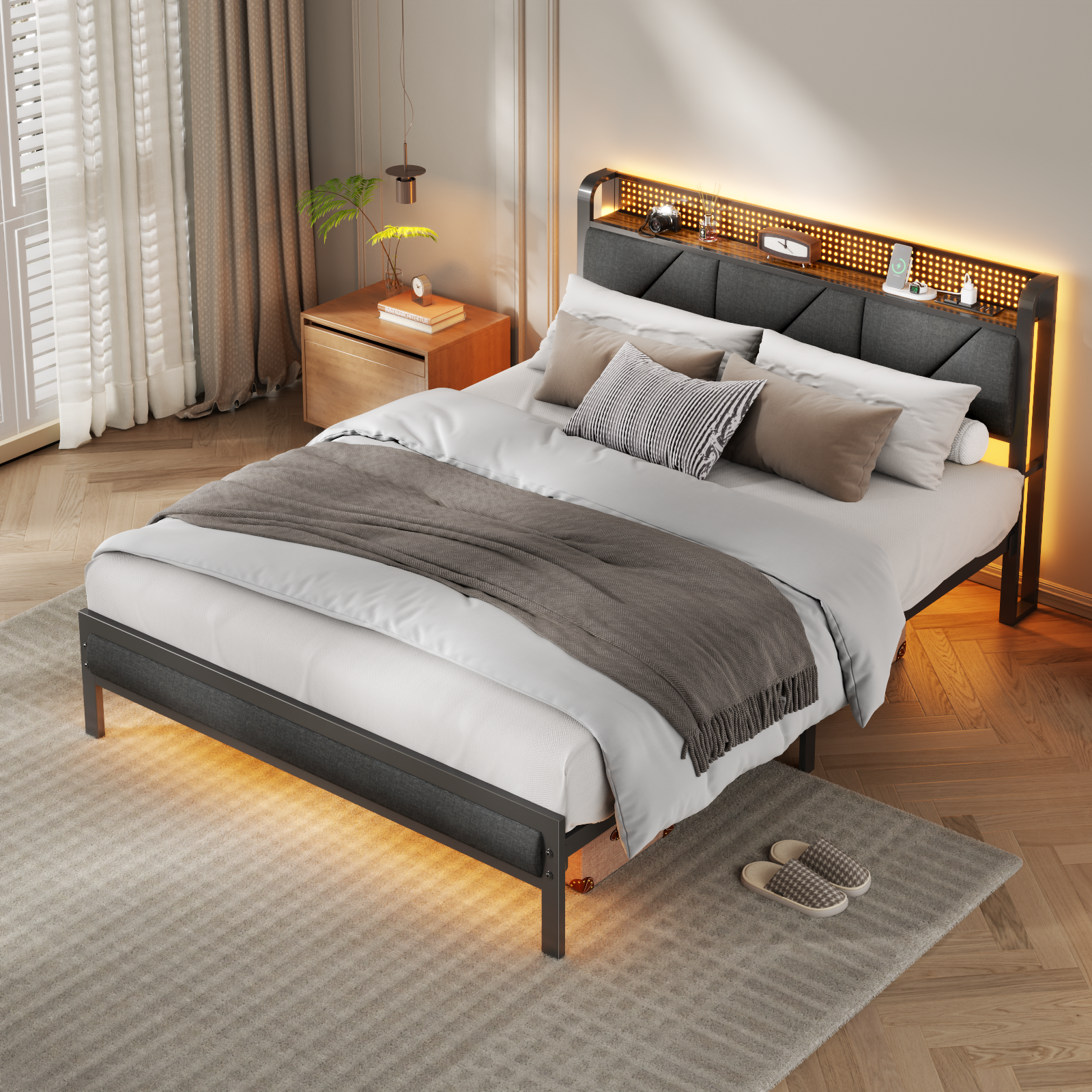 Queen Size Platform Bed Frame Upholstered Headboard LED Lights Charging Station Heavy Duty Metal Support No Box Spring Needed Modern Bedroom USB