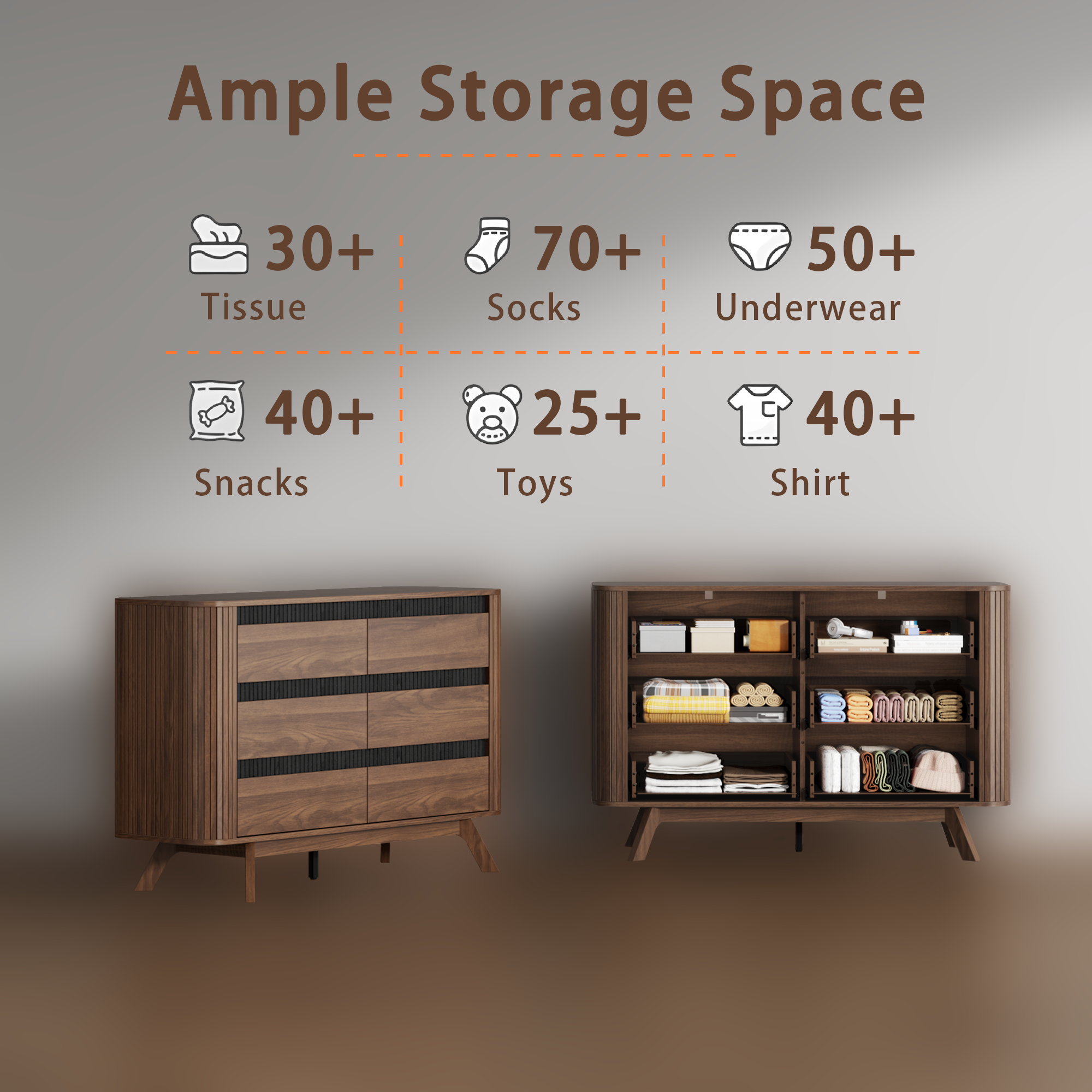 Modern Wood 6 Drawer Double Dresser Curved Roller Shutter Design Large Storage Chest of Drawers Bedroom Furniture Living Room Organizer