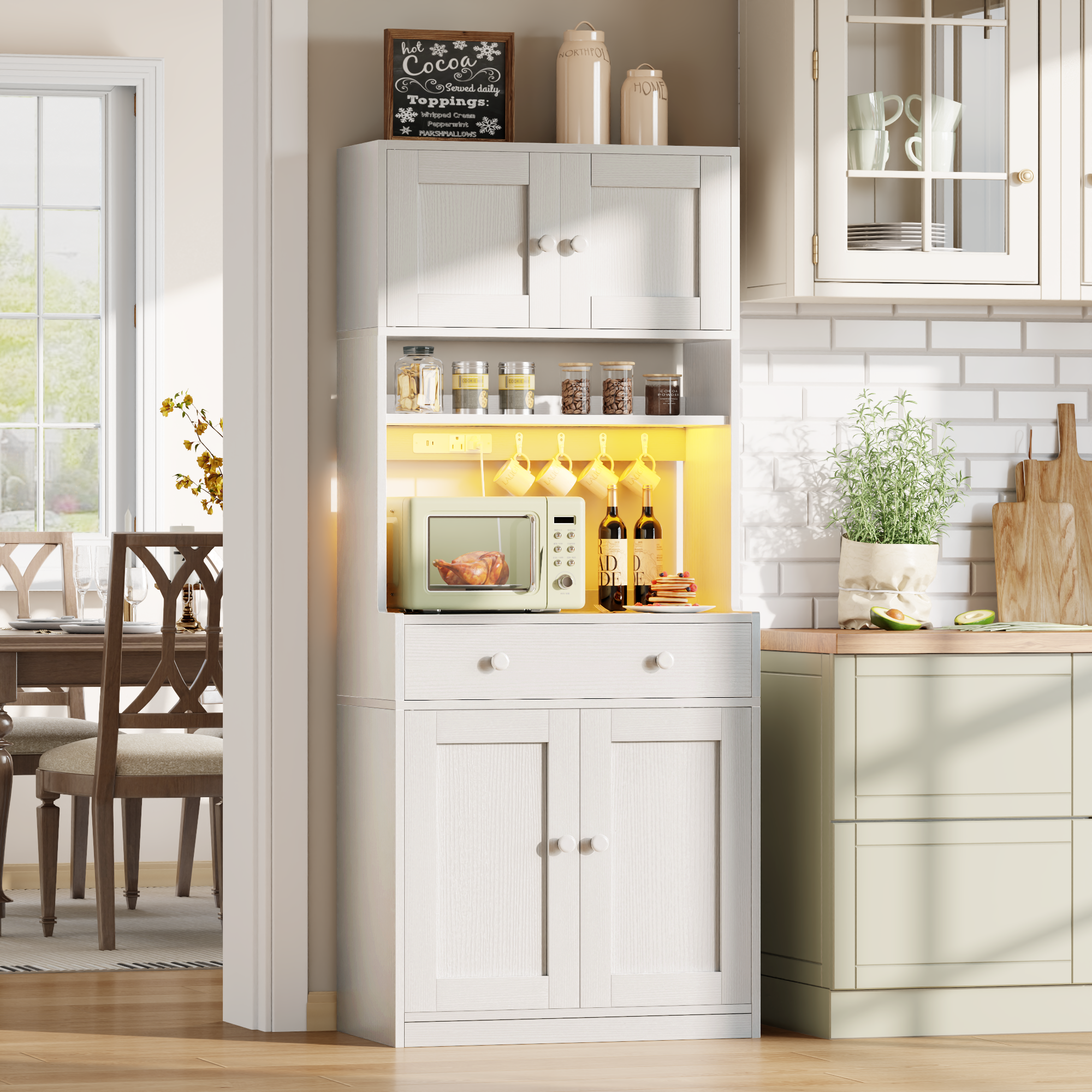 71 Inch Tall White Farmhouse Kitchen Pantry Storage Cabinet Freestanding Microwave Stand with Hutch Doors Drawers for Dining Room Furniture Addition