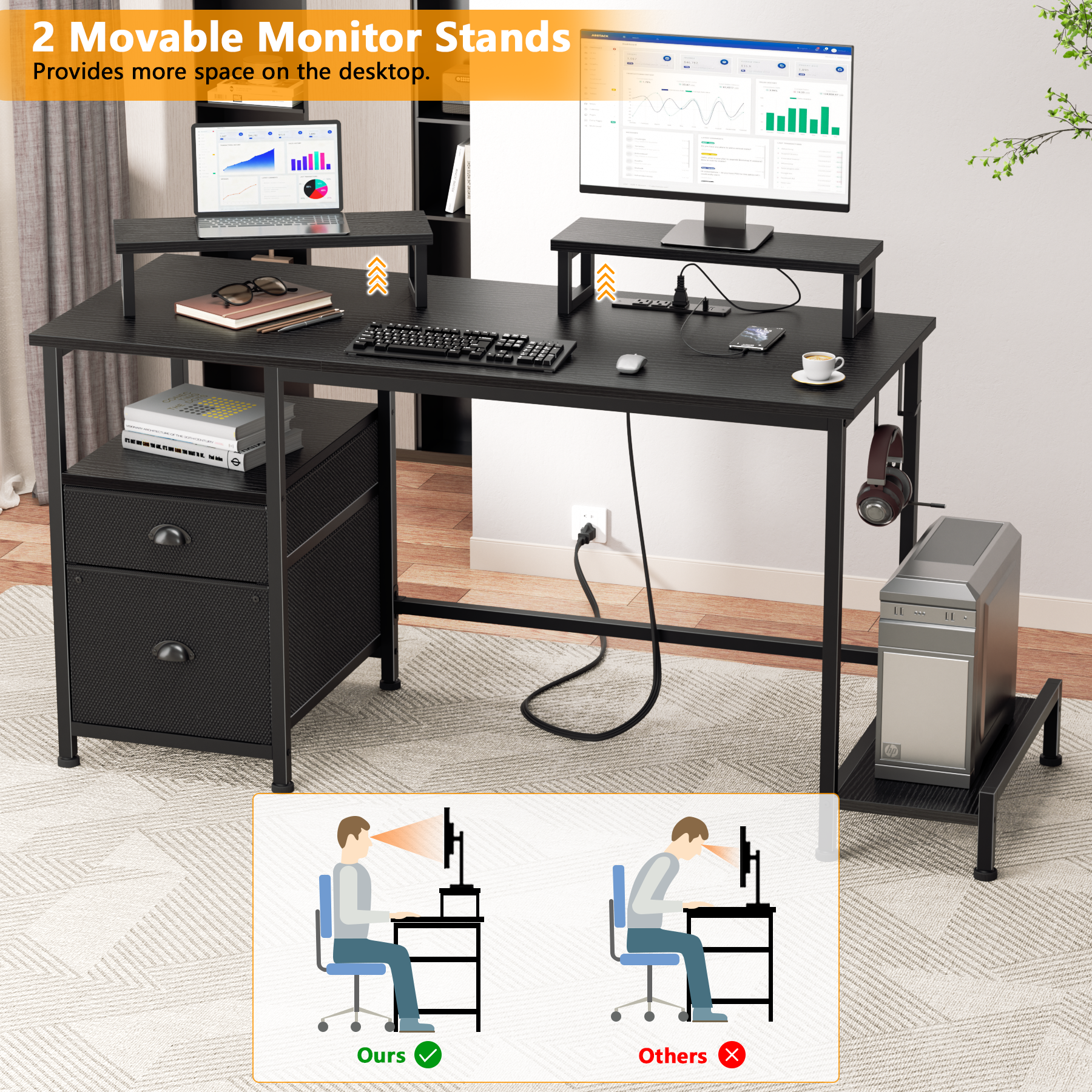 47 Inch Black Computer Desk with Charging Station File Cabinet Home Office Gaming Desk 2 Monitor Stands Storage Drawer Shelves Writing Table Bedroom