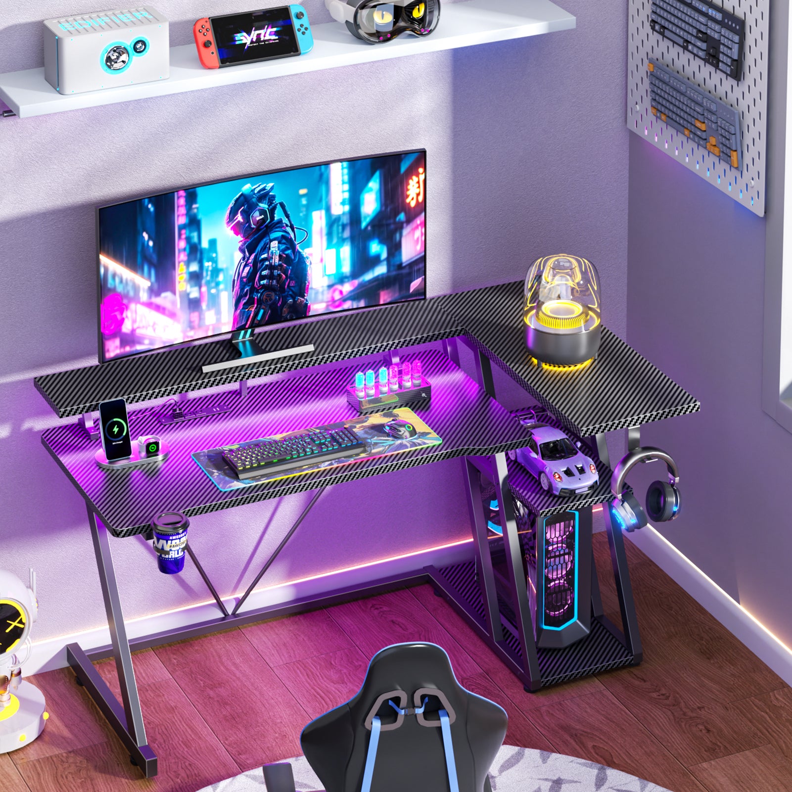 40 inch Black Gaming Desk Small Space L Shaped Computer Table with Monitor Stand 3 Tier Storage Shelves Carbon Fiber Gamer