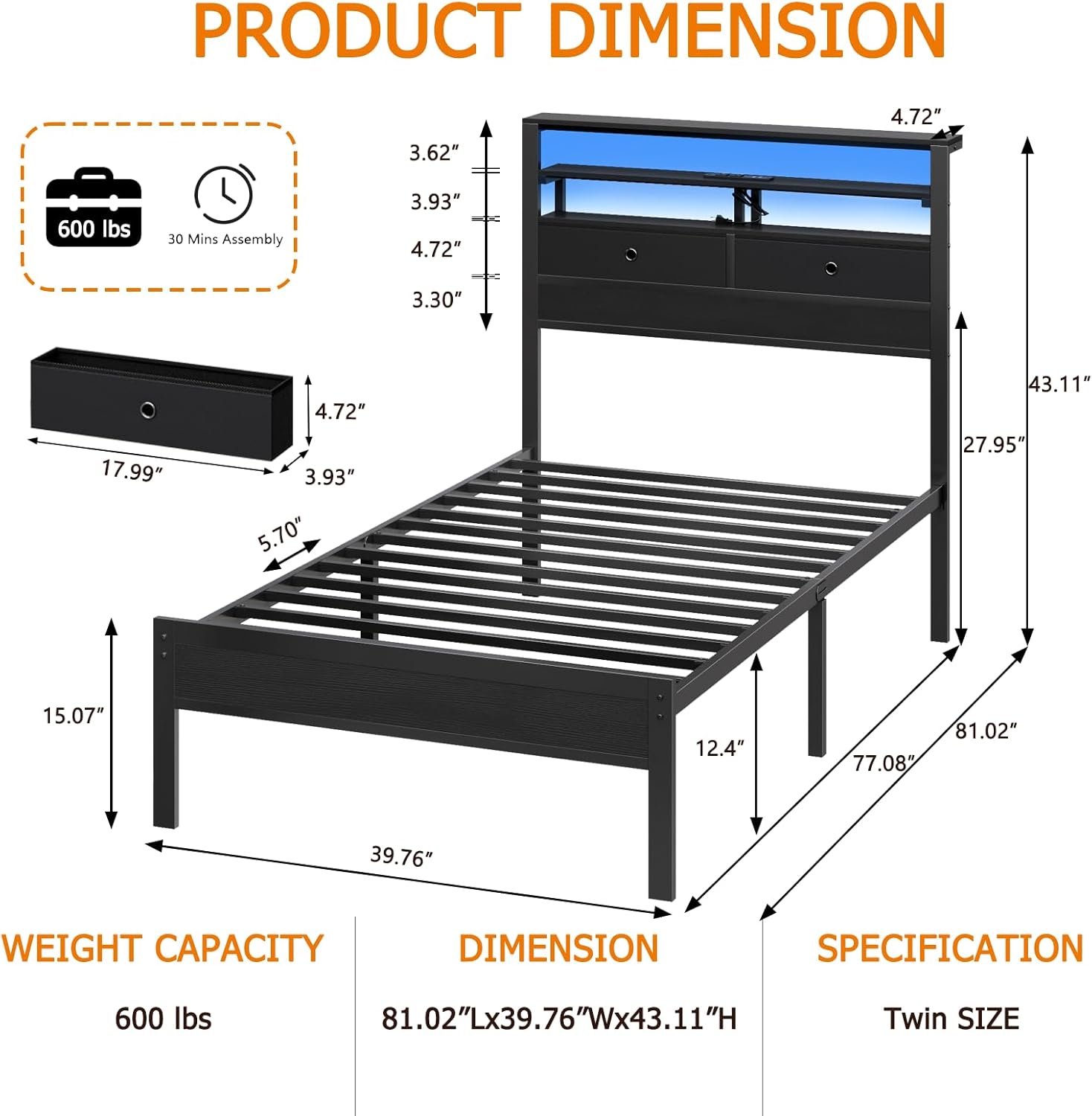 Furnulem Twin Bed Frames with Charging Station and LED Lights Wood Headboard with 2 Fabric Drawers and Storage Shelves Platform Bed with Metal Slats