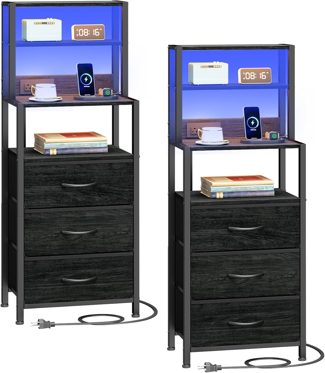 Furnulem Night Stand Set 2, Black nightstand Set of 2 with Charging Station, Bedside Table with Storage Shelf and 3 Fabric Drawers, Bed Side Table for Bedroom, Home Office, Dorm