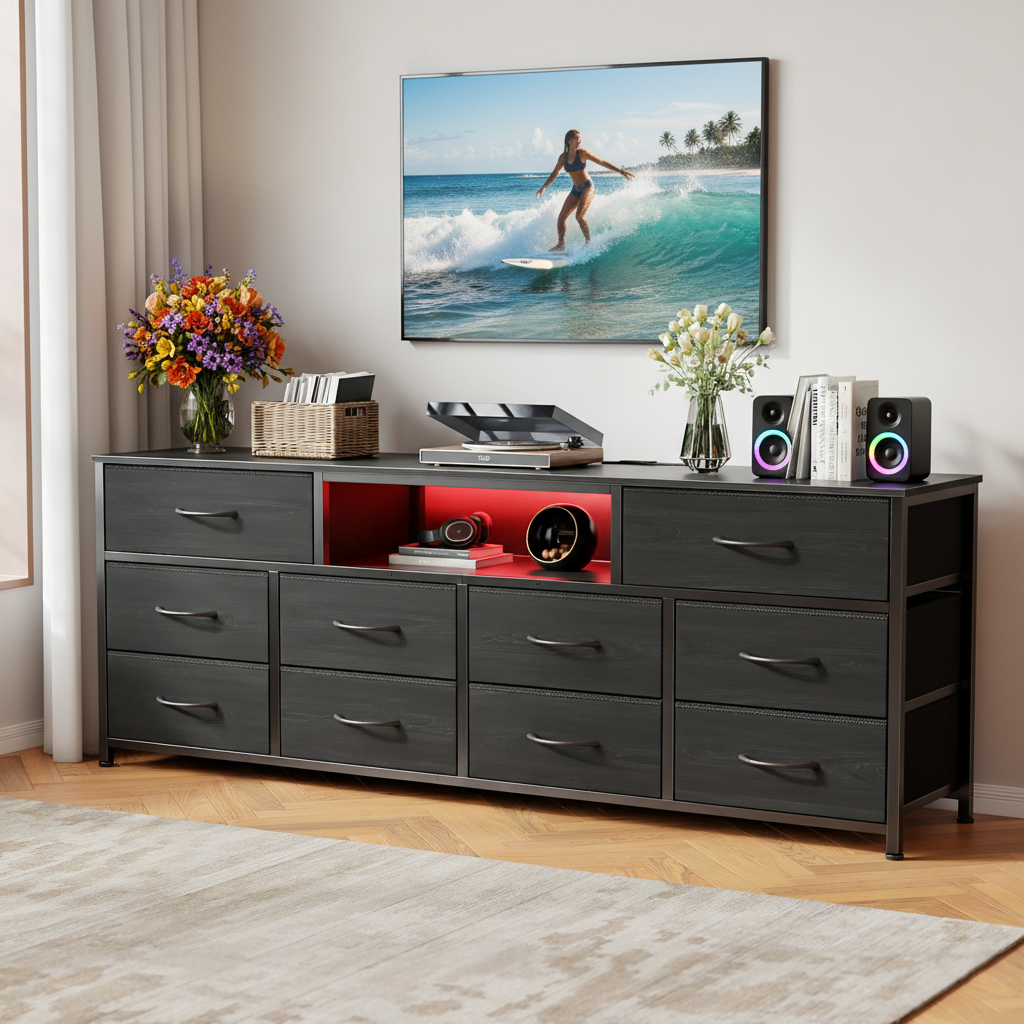 63” Long Dresser TV Stand for 65 to 75 inch TV Black Dresser with 10 Fabric Drawers Chest Closet Center with Power Outlet LED Light