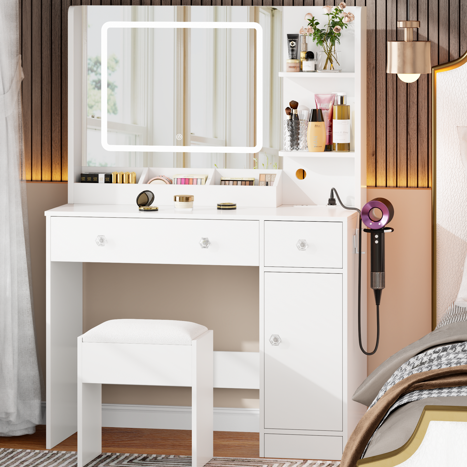 White Makeup Vanity Desk with Mirror and Lights Vanity Set with Stool 3 Color Lighted Mirror Dressing Table with Power Outlet and Drawers Cabinet