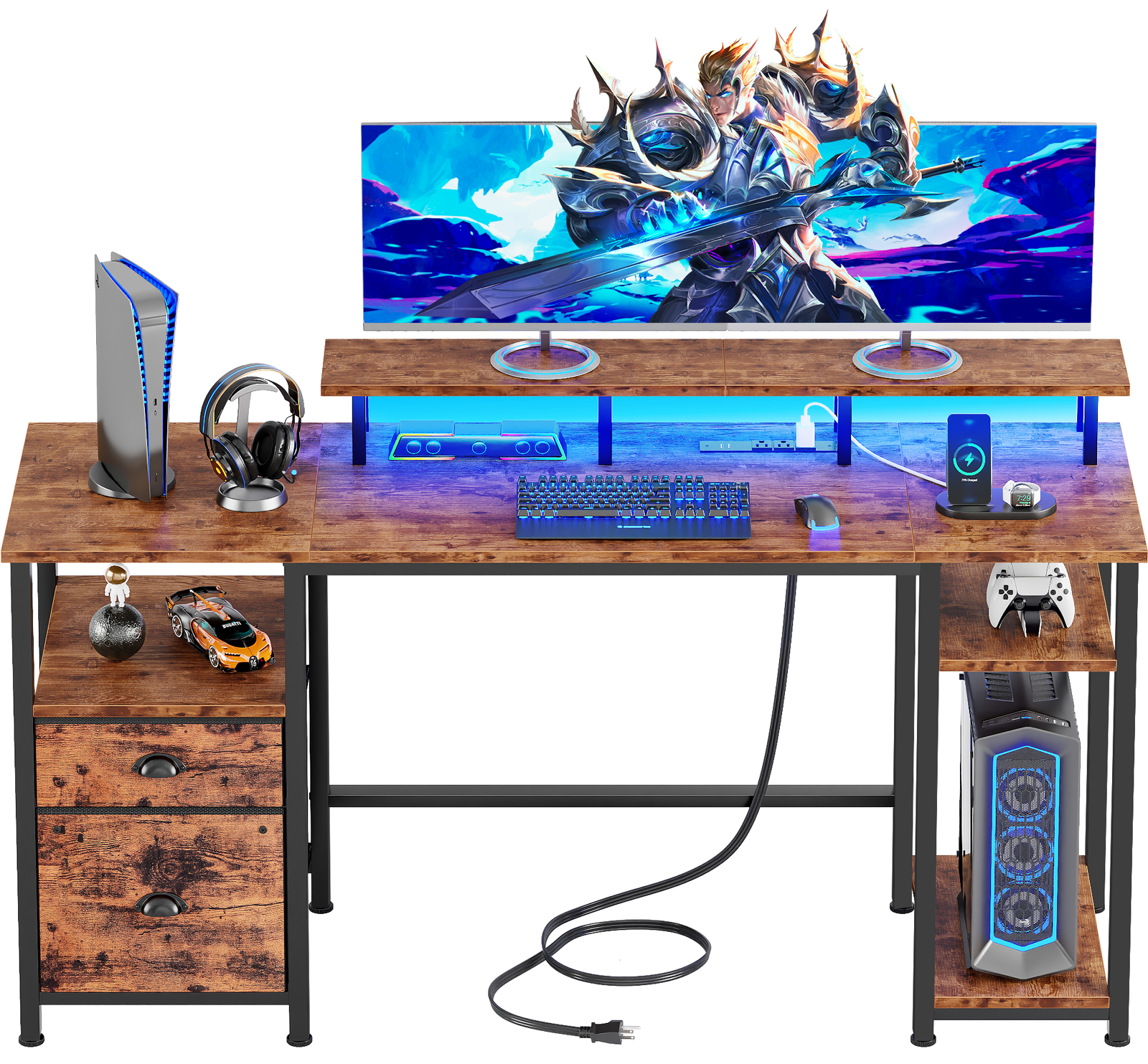 61 Inch Rustic Brown Computer Desk with Charging Station Reversible Gaming Desk LED Lights File Cabinet Monitor Stand Storage Shelves Home Office
