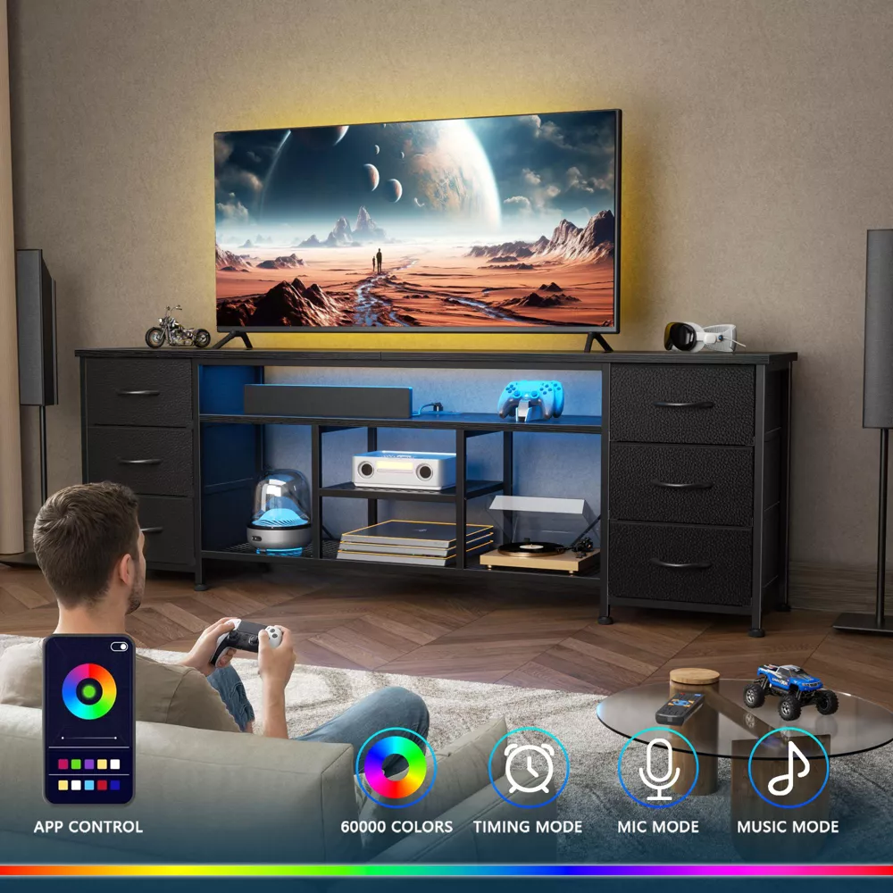71 Inch Black TV Stand Dresser with Charging Station LED Lights 6 Fabric Drawers PU Leather Media Console for TVs up to 80 Inch Bedroom Storage