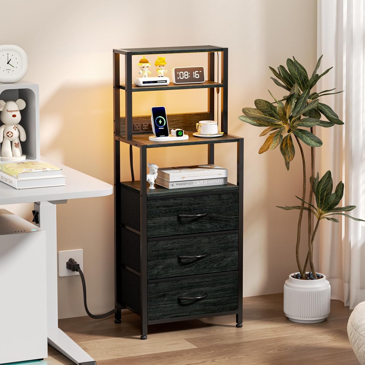 Furnulem Night Stand Set 2, Black nightstand Set of 2 with Charging Station, Bedside Table with Storage Shelf and 3 Fabric Drawers, Bed Side Table for Bedroom, Home Office, Dorm