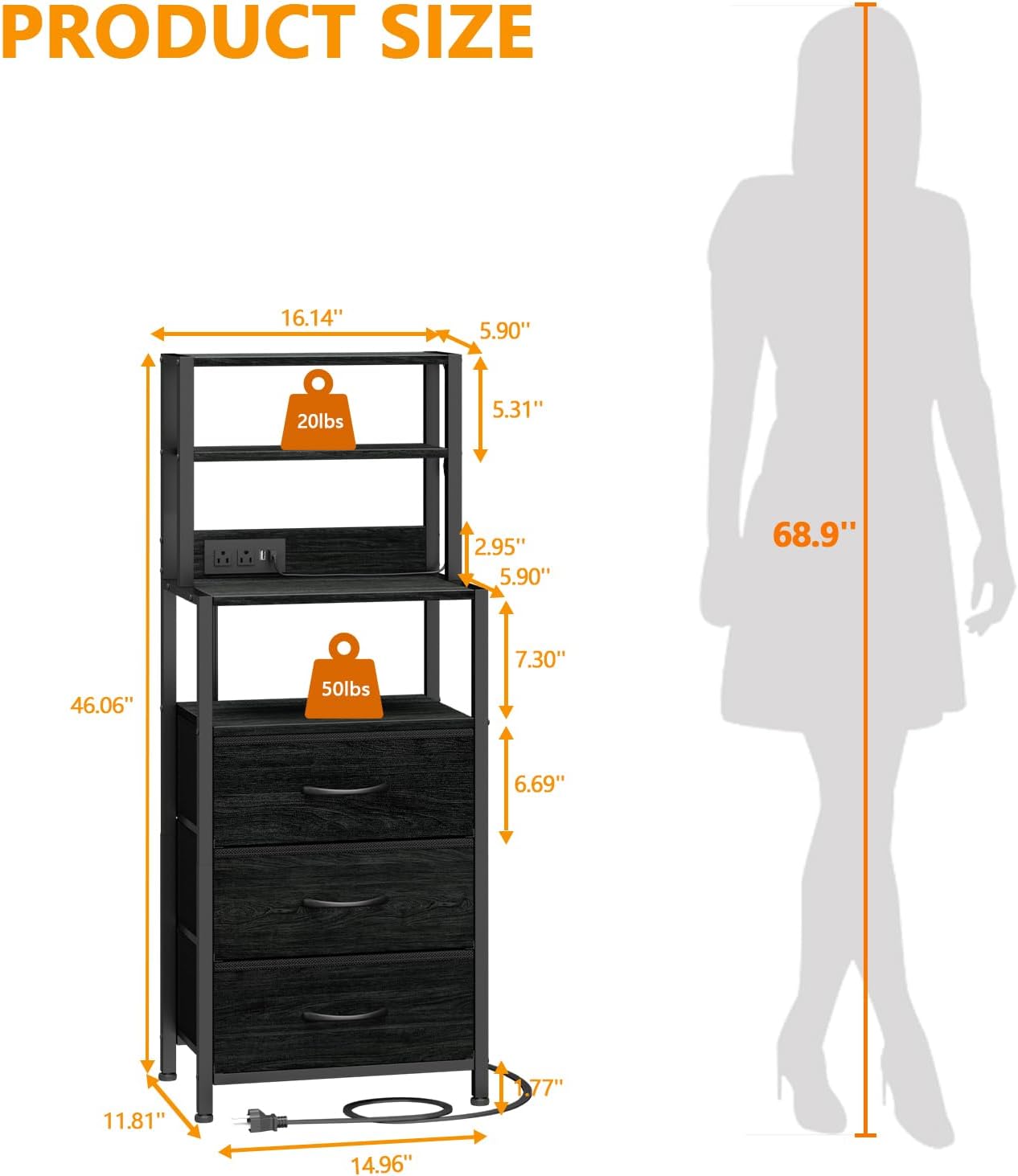 Furnulem Night Stand Set 2, Black nightstand Set of 2 with Charging Station, Bedside Table with Storage Shelf and 3 Fabric Drawers, Bed Side Table for Bedroom, Home Office, Dorm