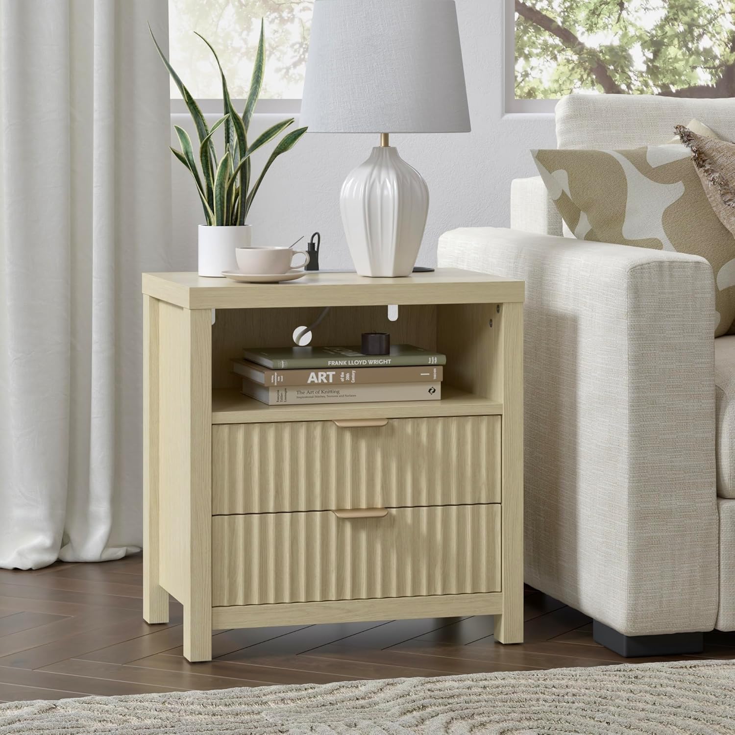 Furnulem Night Stand Fluted Nightstand with Charging Station