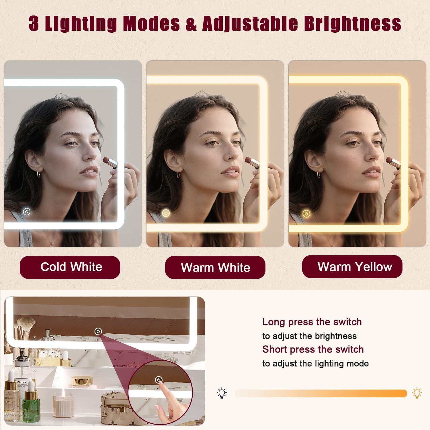 White Makeup Vanity Desk with Mirror and Lights Vanity Set with Stool 3 Color Lighted Mirror Dressing Table with Power Outlet and Drawers Cabinet