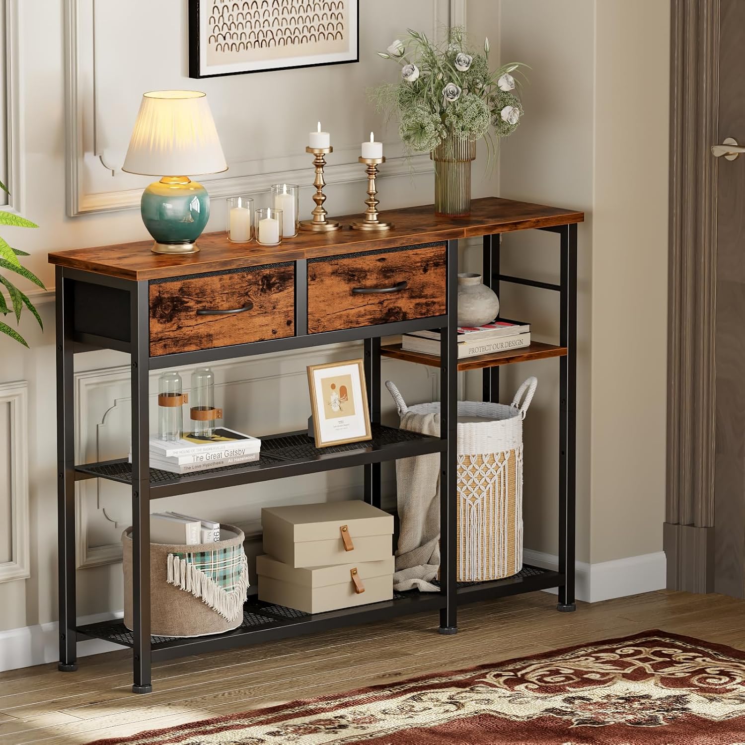 Furnulem 44'' Industrial Entryway Table with Drawers & Shoe Rack, Rustic Console Table with Mesh Shelf