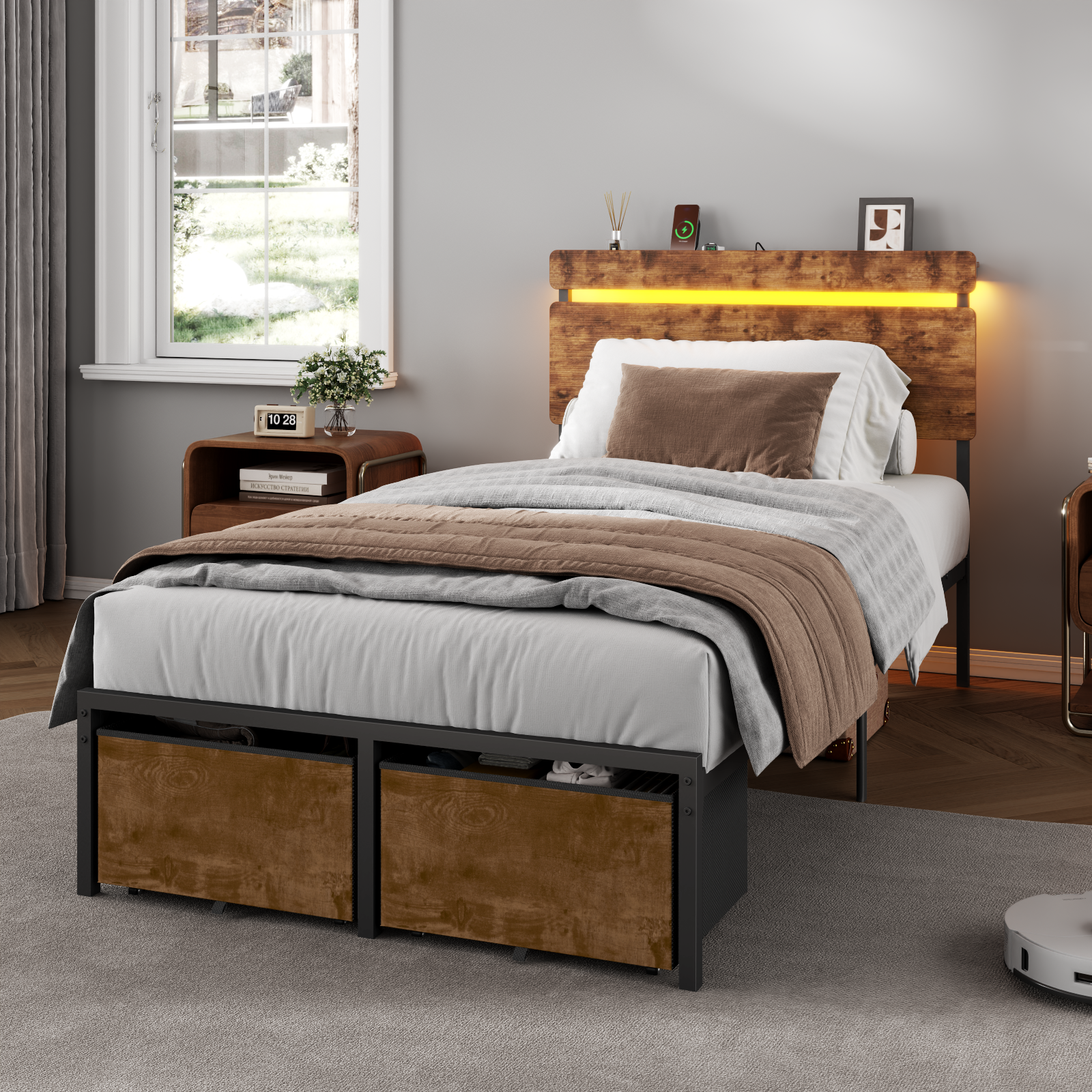 Twin Size Bed Frame with Wood Headboard Metal Platform Bed with 2 Storage Drawers Shelf Built in Charging Station LED Lights No Box Spring Needed