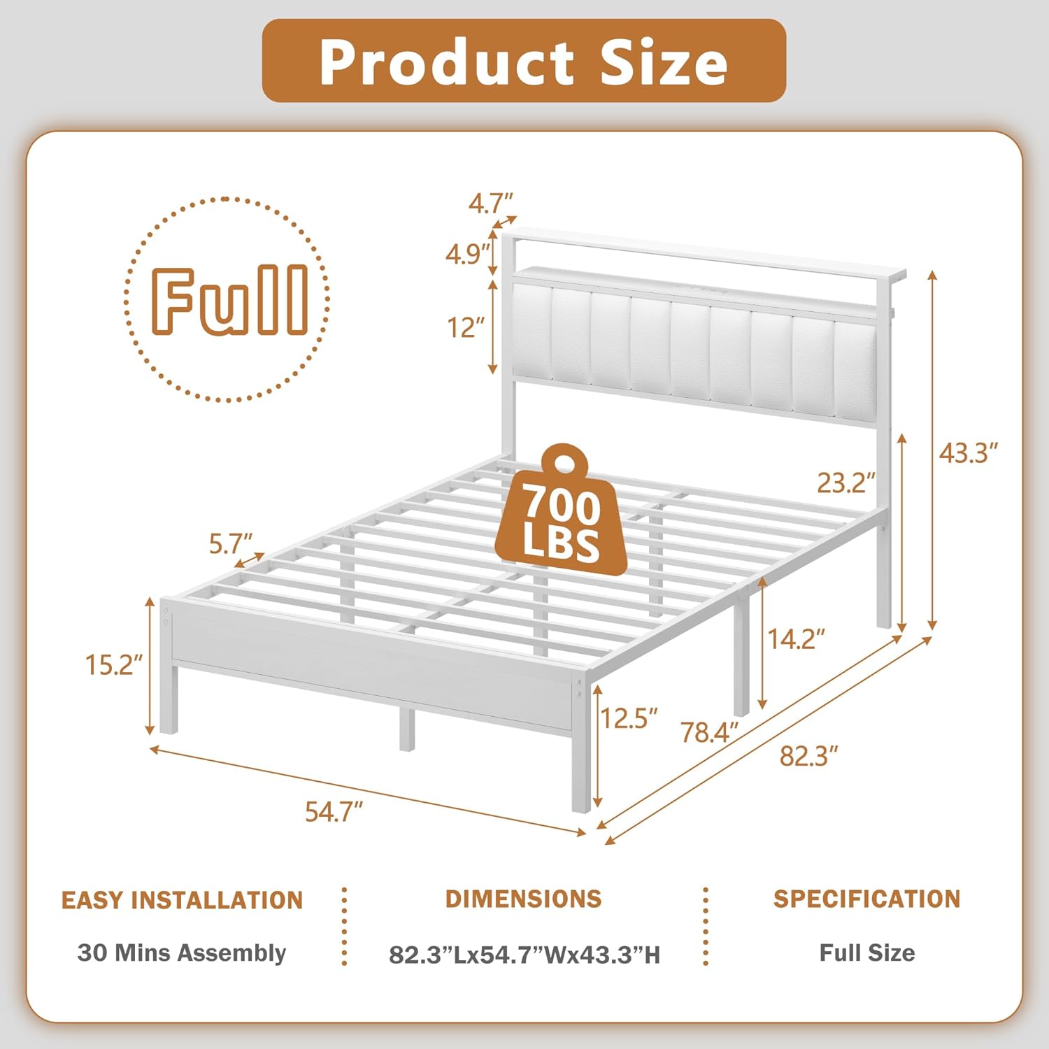 Furnulem White Full Size Bed Frame with Charging Station Led Lights, Pu Leather Upholstered Headboard W/ 2-Tier Storage Shelves No Box Spring Needed