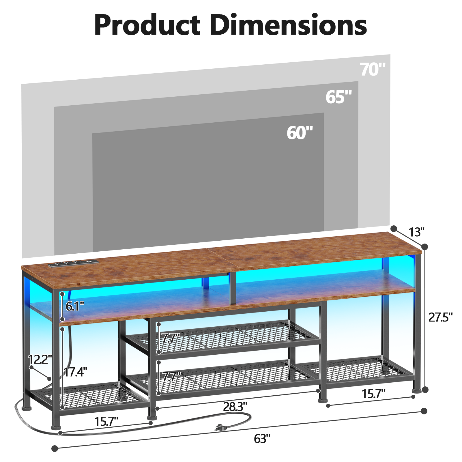 63 Inch Rustic Brown TV Stand with Charging Station LED Lights Entertainment Center for TVs up to 70 Inch Media Console Storage Shelves Living Room