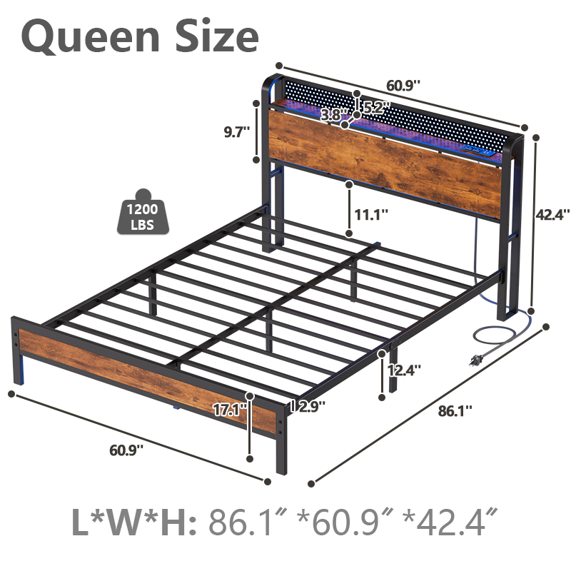 Rustic Brown Queen Bed Frame with Storage Headboard Shelf Charging Station LED Lights Industrial Metal Platform Heavy Duty No Box Spring